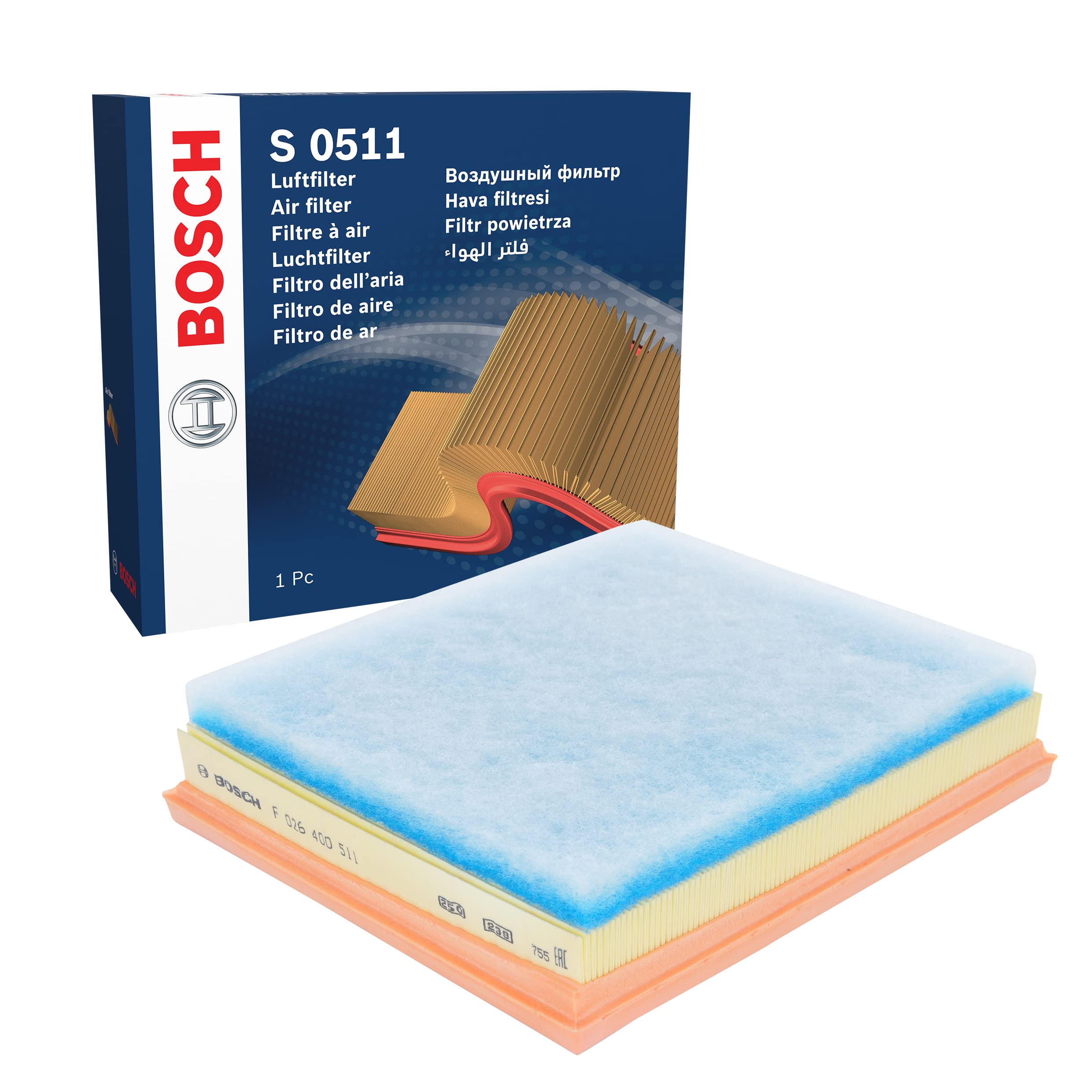 Bosch S0511 Car Air Filter - Separates Particles from the Air Intake - Moisture-resistant plus High Tensile Strength