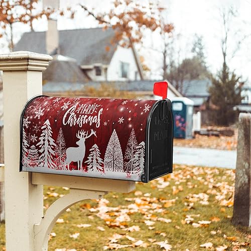 Miniatura 7 de Funda magnética para buzón de Navidad de 21 x 18 pulgadas, diseño de ciervos rojos, tamaño estándar, copos de nieve de invierno, pino, buzón,