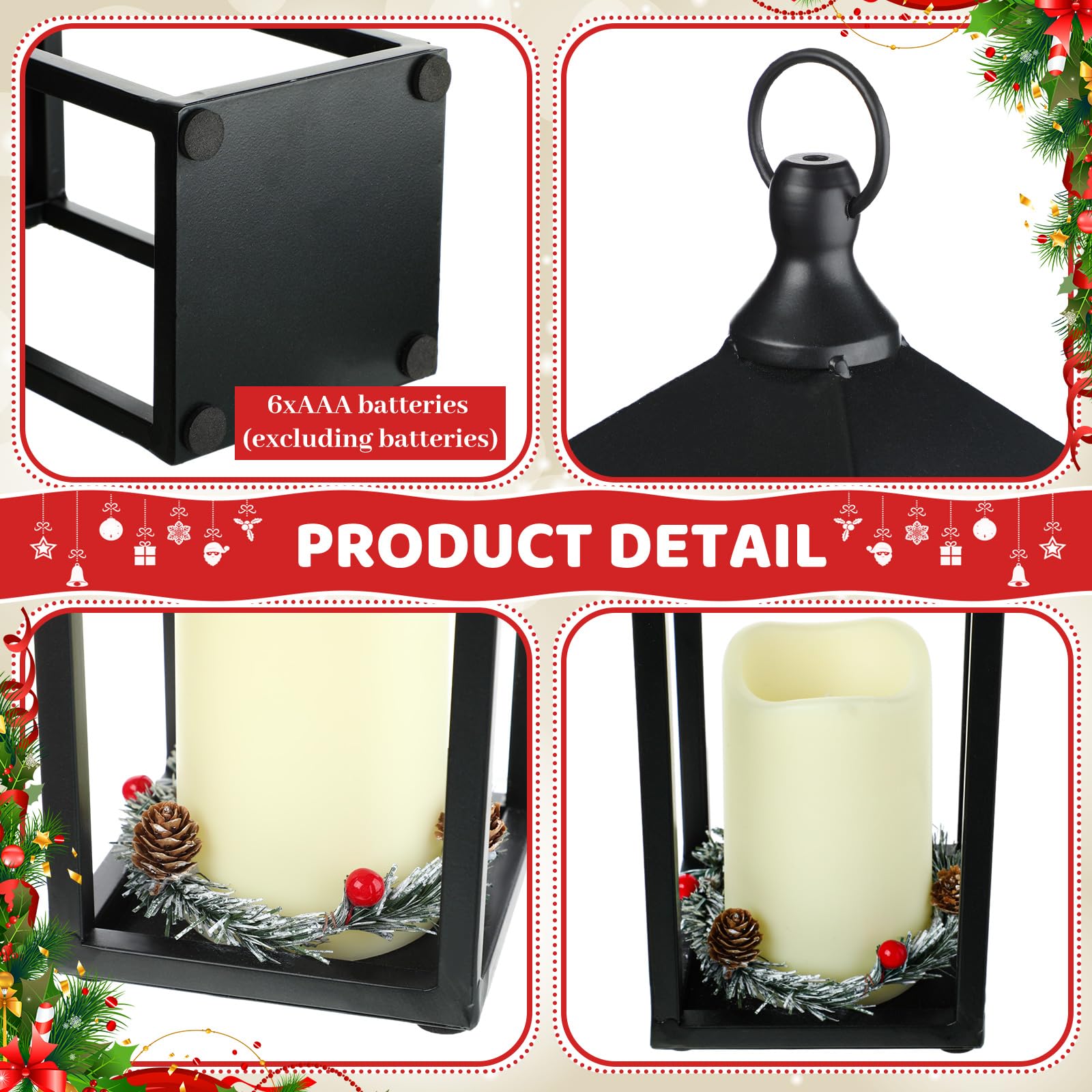 2 lanterne natalizie nere in metallo con candela senza fiamma da 30,5 cm e 38 cm, bacche rosse, moderne candele LED tremolanti per soggiorno, casa, interni, esterni, tavolo, caminetto
