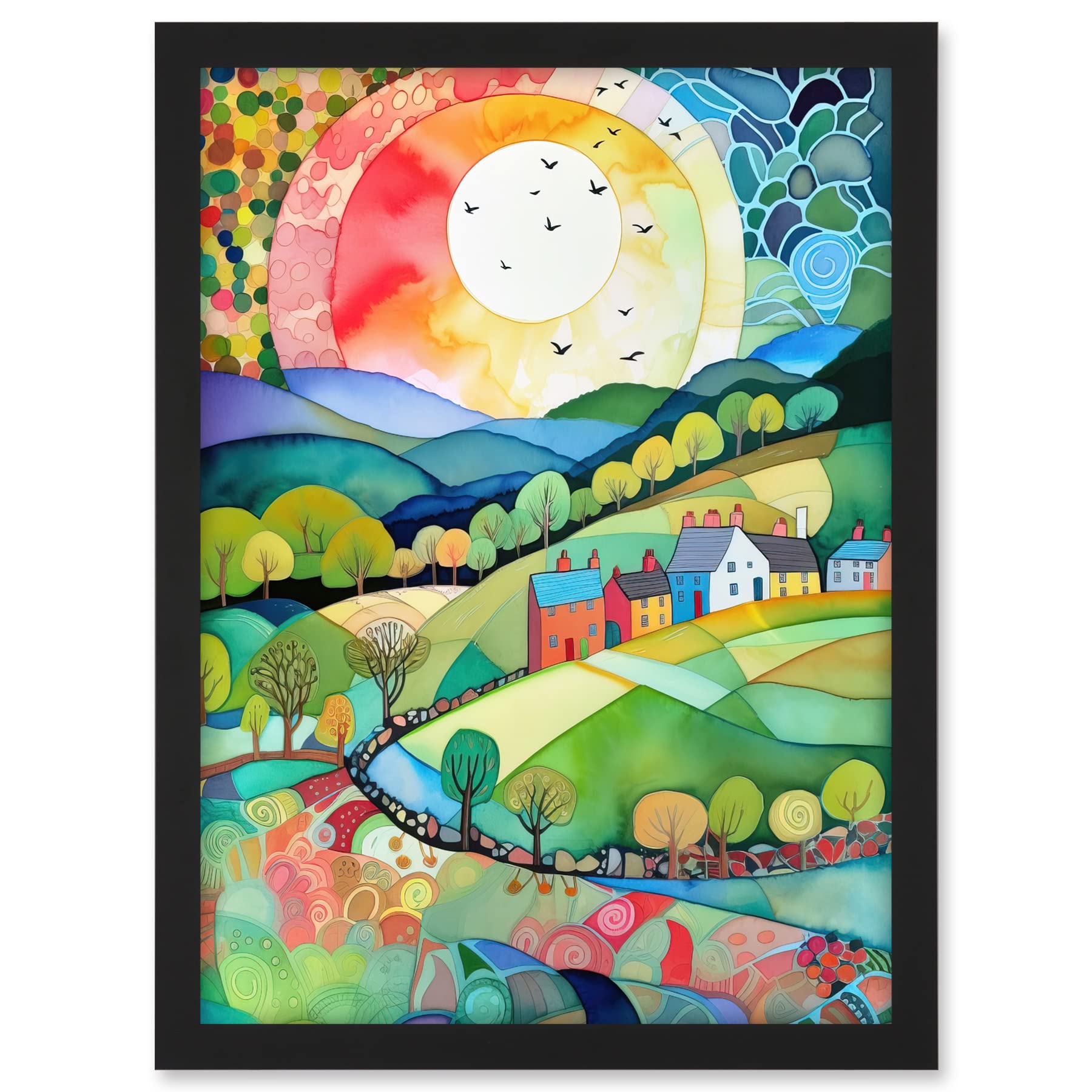 Artery8 Rural Landscape English Countryside Sunrise Folk Art Watercolour Painting Artwork Framed A3 Wall Art Print
