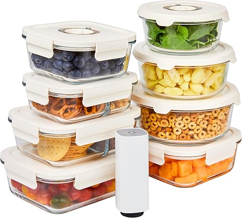 HOLDN' STORAGE Contenedores de almacenamiento de alimentos al vacío, juego de 8 recipientes de vidrio y bomba electrónica, mantienen los alimentos