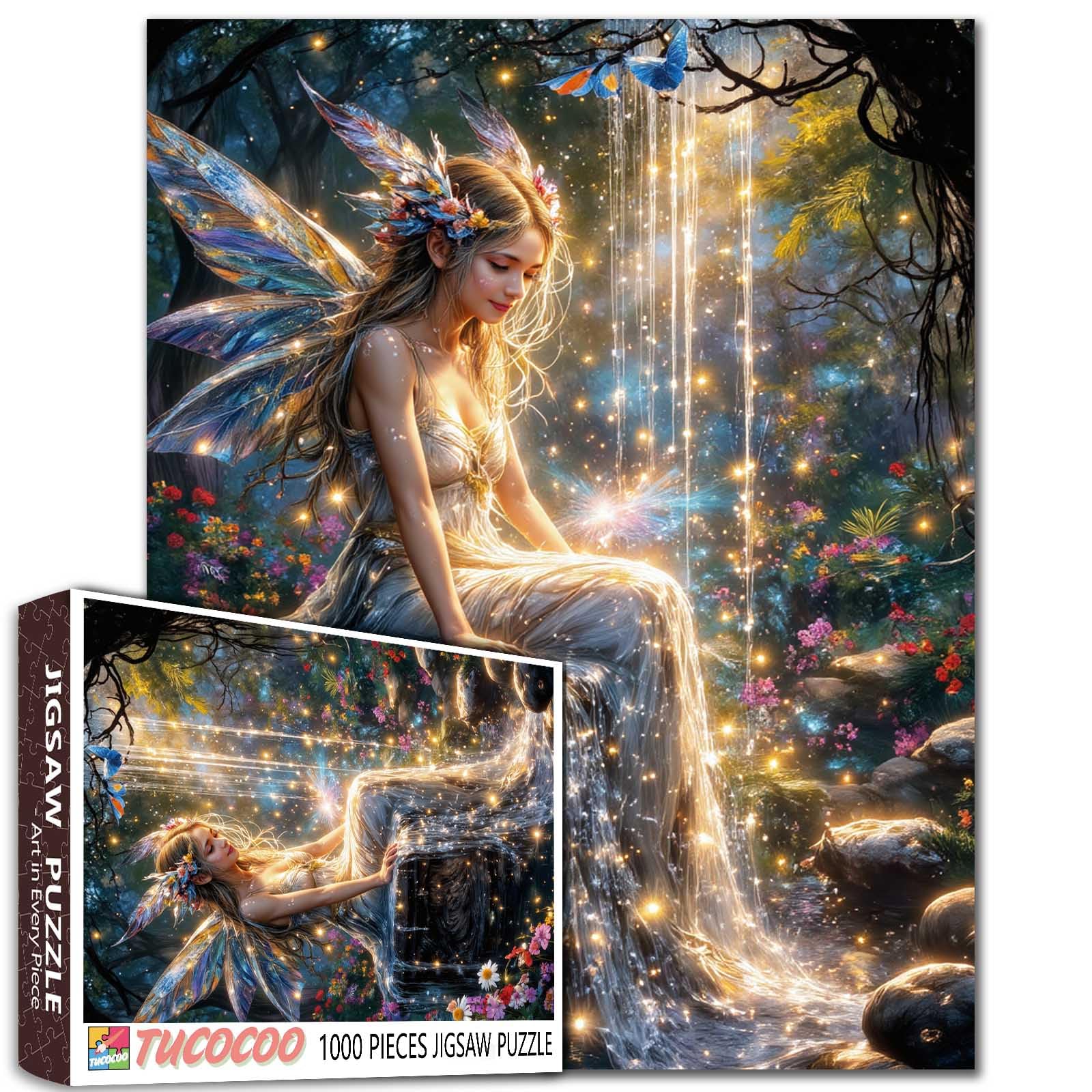 Tucocoo Magical Fairy Forest 1000 Piece Jigsaw Puzzle for Adults, Fantasy Fairy Sitting by Waterfall, Whimsical Enchanted Nature Scene Puzzles, DIY Games Challenging Puzzle Gift for Women, Teens