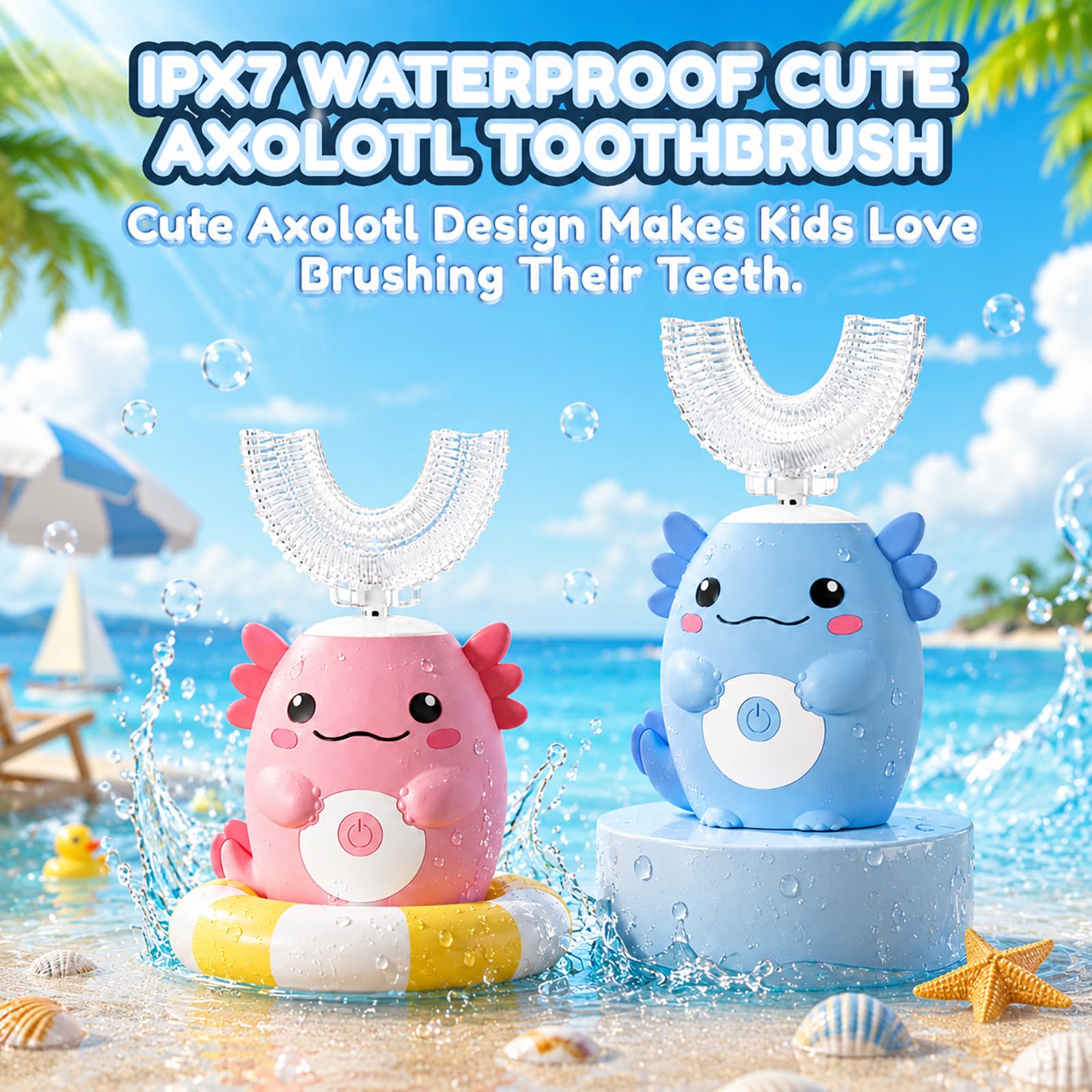 Axolotl - Spazzolino elettrico per bambini, a forma di U, con 4 testine, design impermeabile IPX7, bocca completa, 6 modalità di pulizia, per bambini dai 2 ai 15 anni