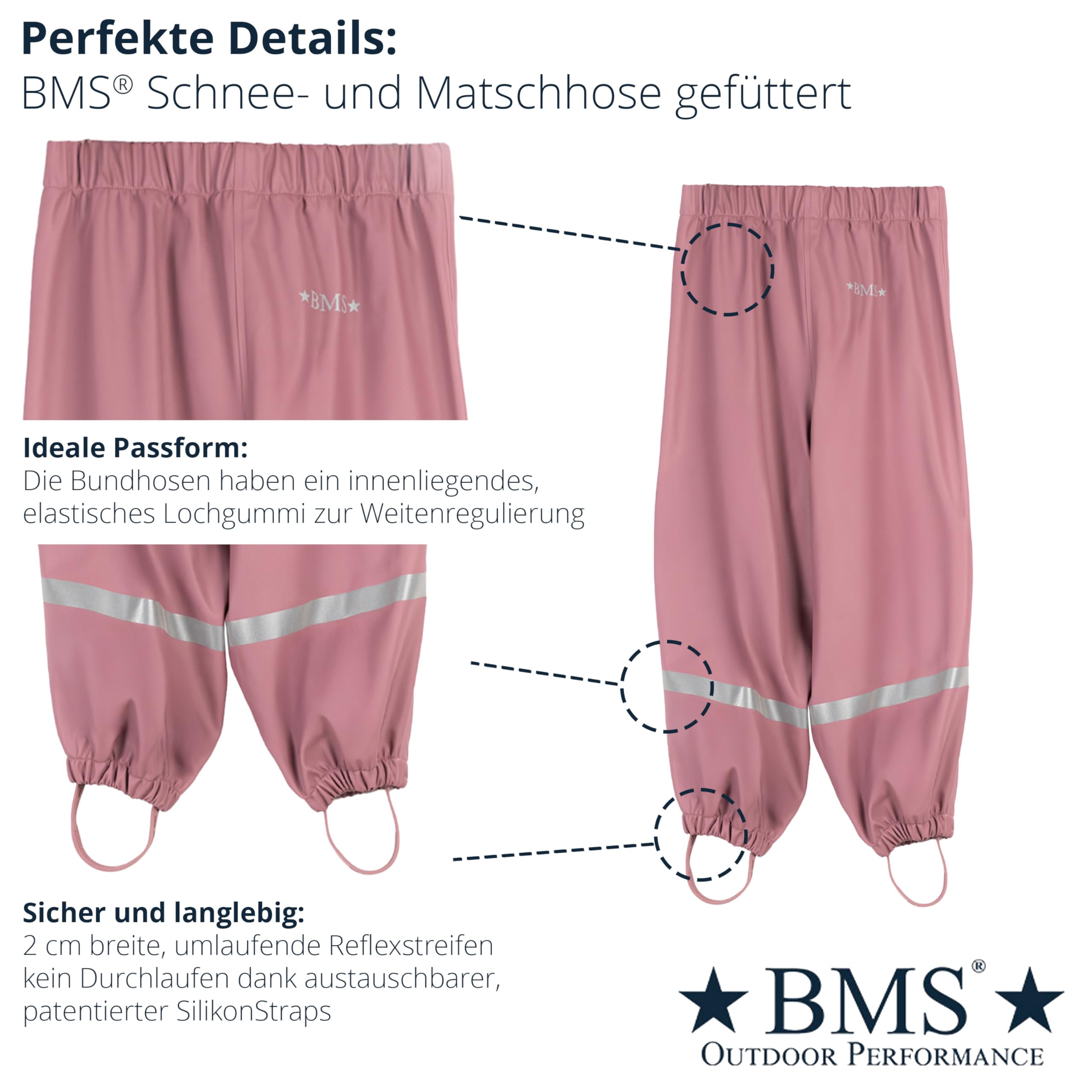 BMS® Schneehose gefüttert ohne Träger für Kinder, ideale Winter-Matschhose und Buddelhose mit kuscheligem Fleece, 100% wasserdicht, besonders hautfreundlich und weich Softskin, Oeko-Tex