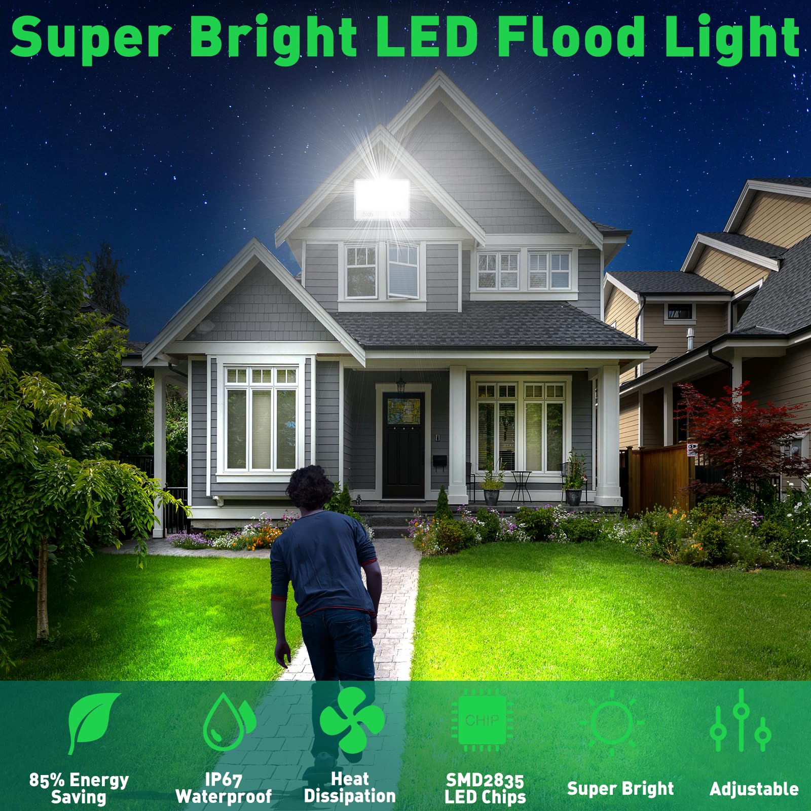 2PC Focos LED Exterior 200W, 20000LM Floodlight Super Brillante, Proyector LED 6500K Blanco Frío, Foco Reflector LED IP67 Impermeable Focos LED para Garaje Jardín Patio Parque