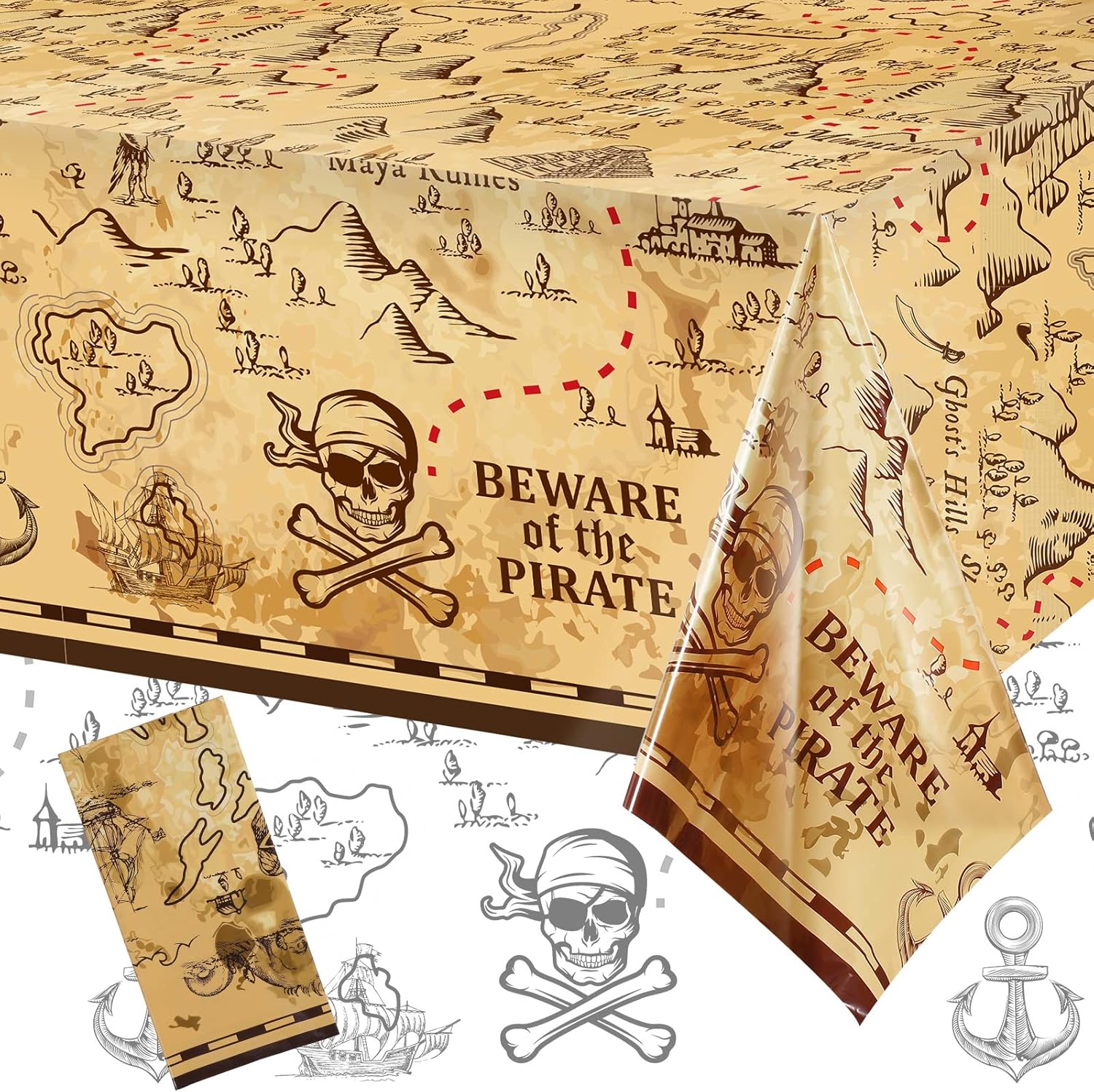 Irenare 12 Pieces Pirate Tablecloth for Party Decor - 54 x 108 Inches Pirate Treasure Map Tablecover Plastic Island Treasure Table Covers Navigation Supplies for Birthday Party Decoration