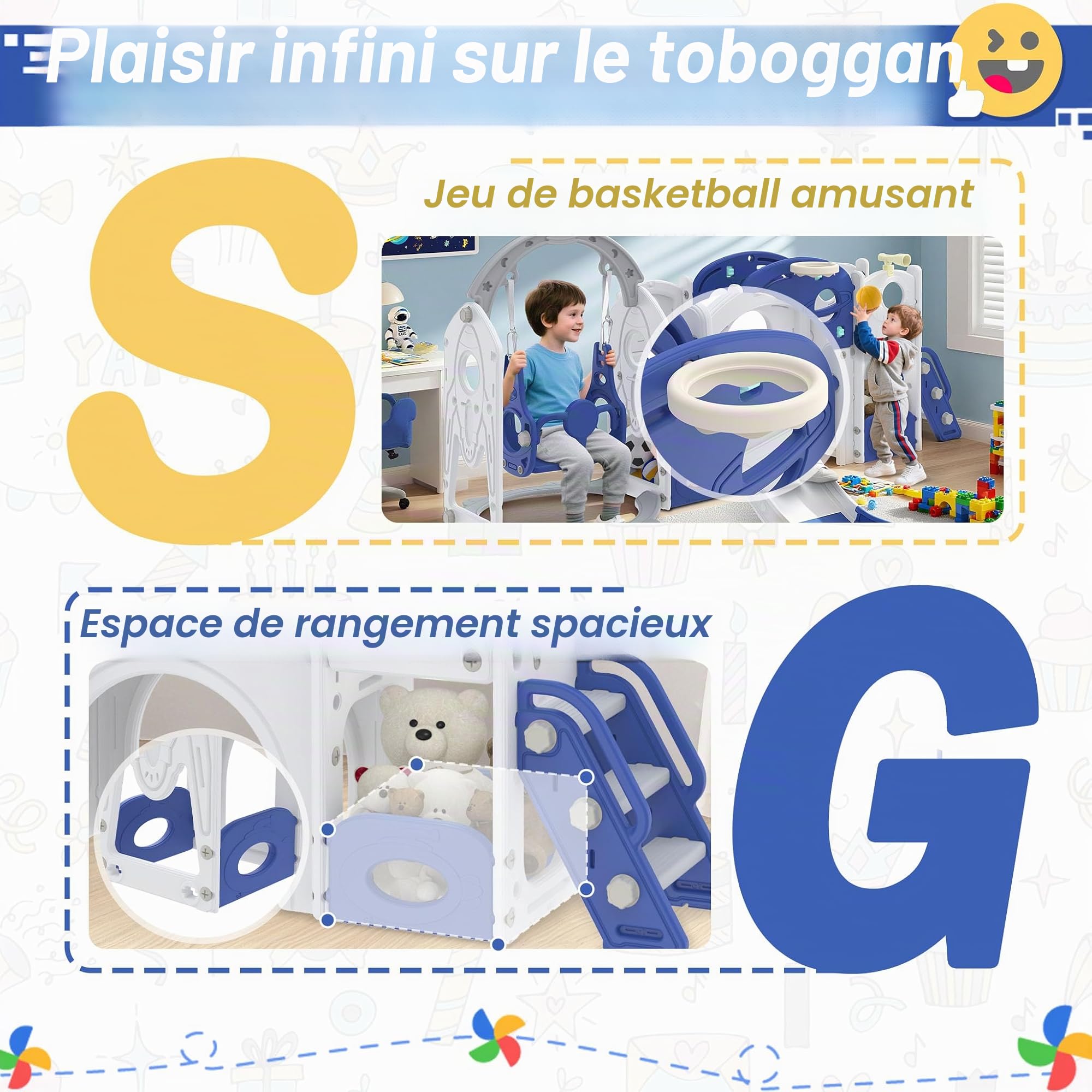 Froadp Toboggan 9 en 1 pour enfants à partir de 1 an, pour l'intérieur et l'extérieur, toboggan autoportant, en polyéthylène haute densité et polypropylène, avec balançoire, échelle d'escalade, tunnel