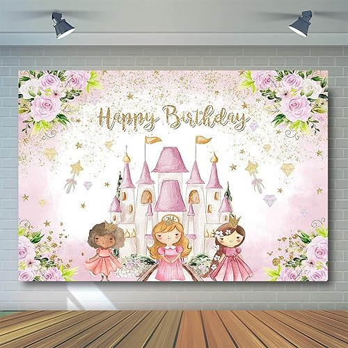 Miniatura 3 de Avezano Telón de fondo de castillo de princesa decoración de fiesta de cumpleaños con flores rosas para niñas dulces estrellas doradas con purpurina