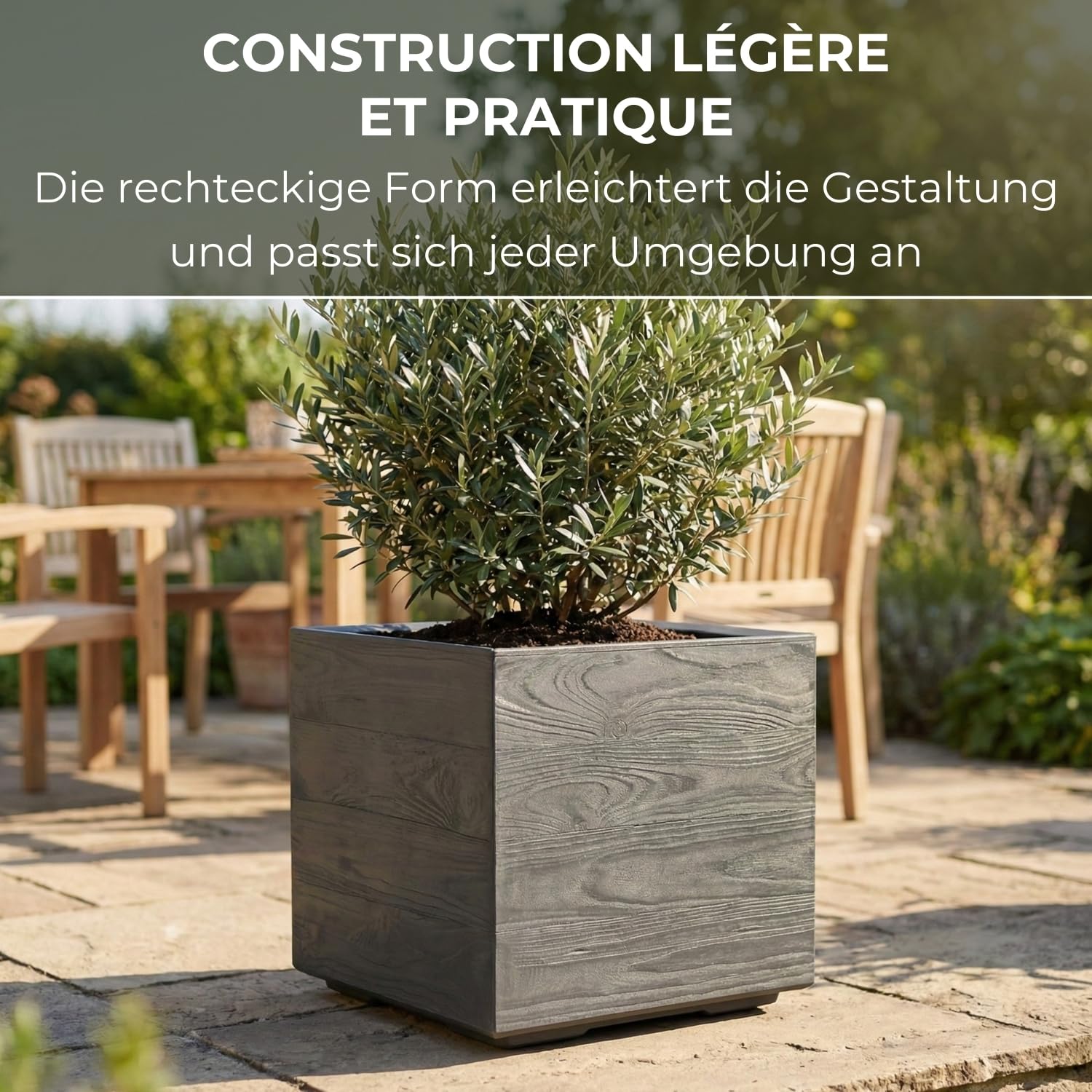 LAMELA Bac à Plantes sur roulettes 40 cm, 36 L - Pot de Fleurs en Plastique Effet Bois - Cache-Pot avec Drainage - Intérieur & extérieur - Résistant aux intempéries et Facile d’Entretien, Anthracite