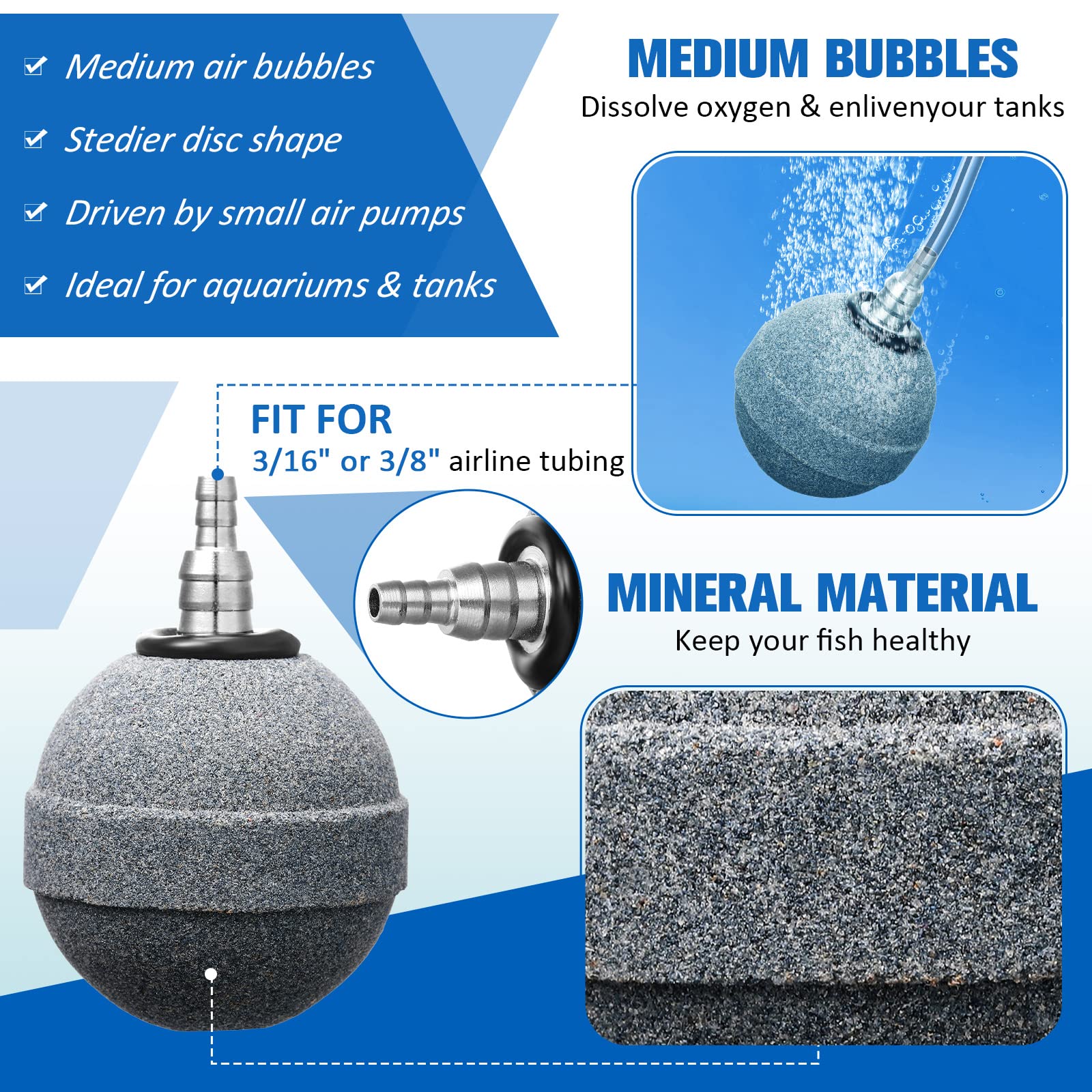 Lot de 10 diffuseurs de bulles pour aquarium - 5,1 cm - Pour pompe à air, aquarium, seaux, étangs et réservoirs DWC - Gris