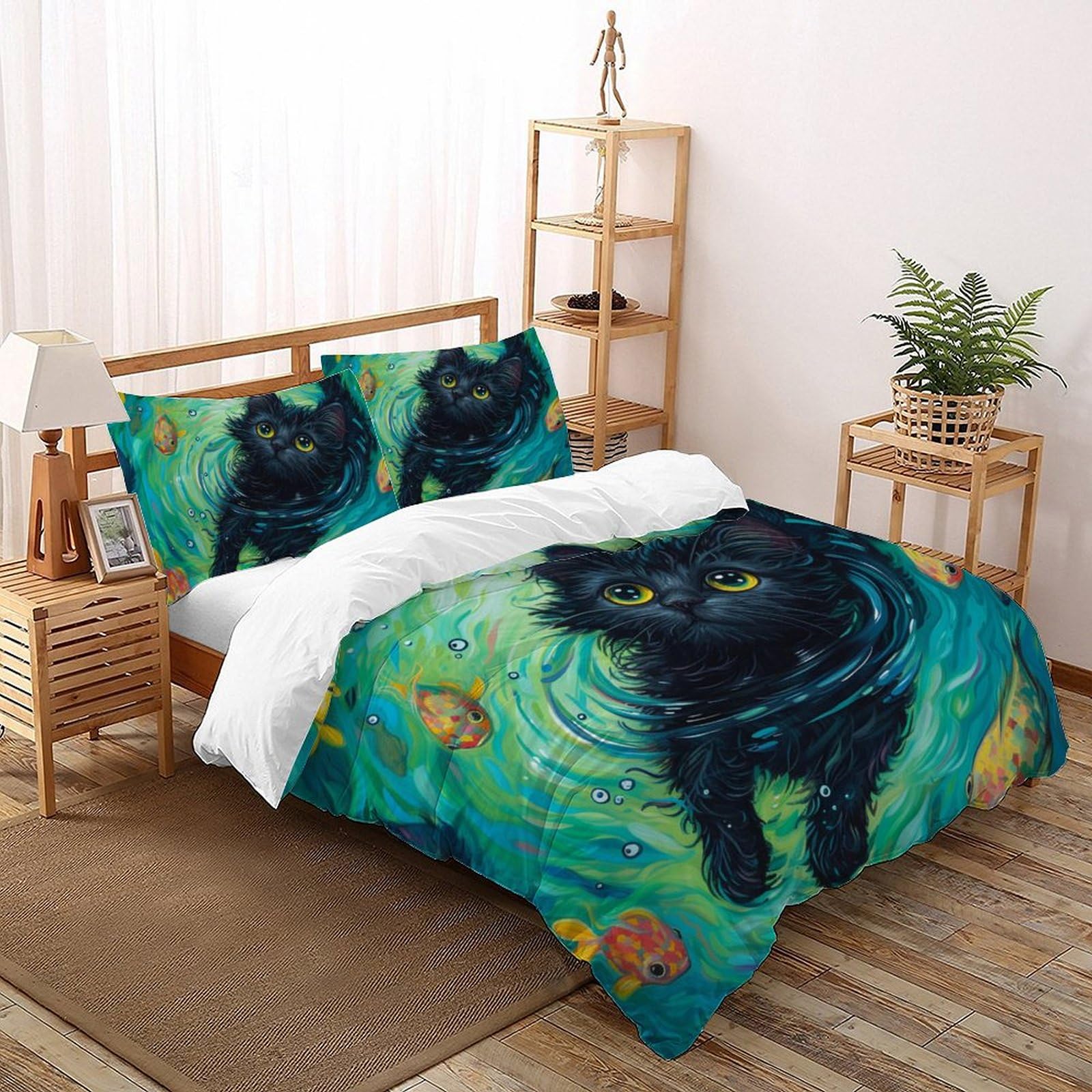 Housse de couette chat noir 260x220 cm en microfibre avec taies d'oreiller