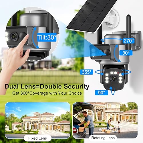 Miniatura 2 de Cámaras de seguridad solar 4K inalámbricas para exteriores, 360 PTZ 5GHz2.4GHz Cámaras WiFi para seguridad en el hogar con doble lente, seguimiento