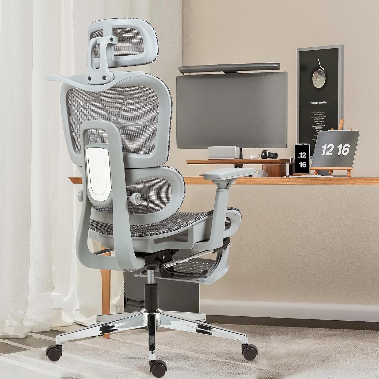 Ergonomic Mesh Office & Gaming Chair with Footrest, High Back Home Office Desk Chair, Comfortable Lumbar Support, 130° Tilt, Adjustable 3D Armrest & 2D Headrest (Grey) Ergonomic Mesh Office & Gaming Chair with Footrest, High Back Home Office Desk Chair, Comfortable Lumbar Support, 130° Tilt, Adjustable 3D Armrest & 2D Headrest (Grey)