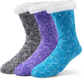 Womens Fuzzy Thick Winter Warm Socks - Fleece Lined Thermal Fluffy With Grips for Home - 3 Pack