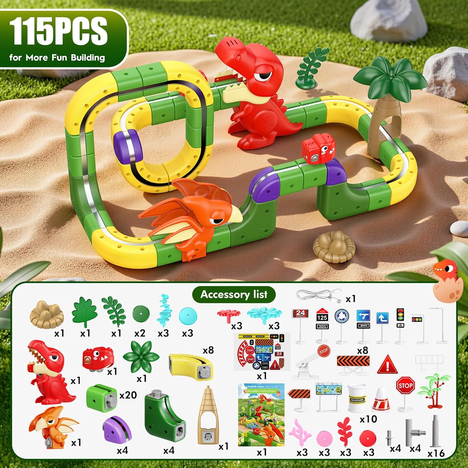 Dinosaur Magnetic Train Set Toys for Kids 3-5: 115PCS 3D Infinity Racer Cube Tracks Anti-Gravity Rail Electric Train Track Easter Birthday Gifts Toys for 3 4 5 6 7 8 Year Old Boys Girl