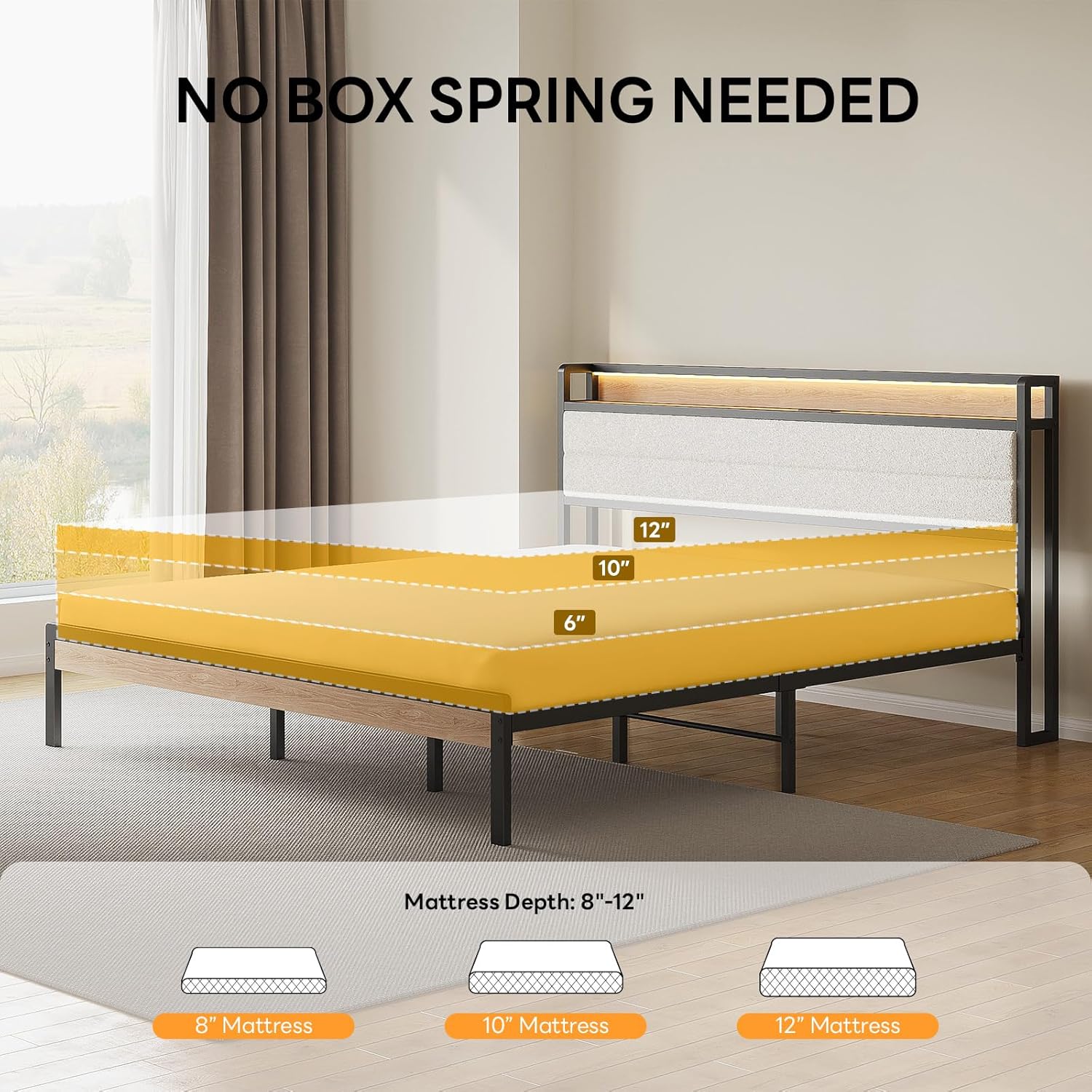 LIKIMIO California King Bed Frame with Storage Headboard and LED Lights, Metal Platform Bed with Charging Station, Noise Free, No Box Spring Needed, Under Bed Storage, Natural and Cream