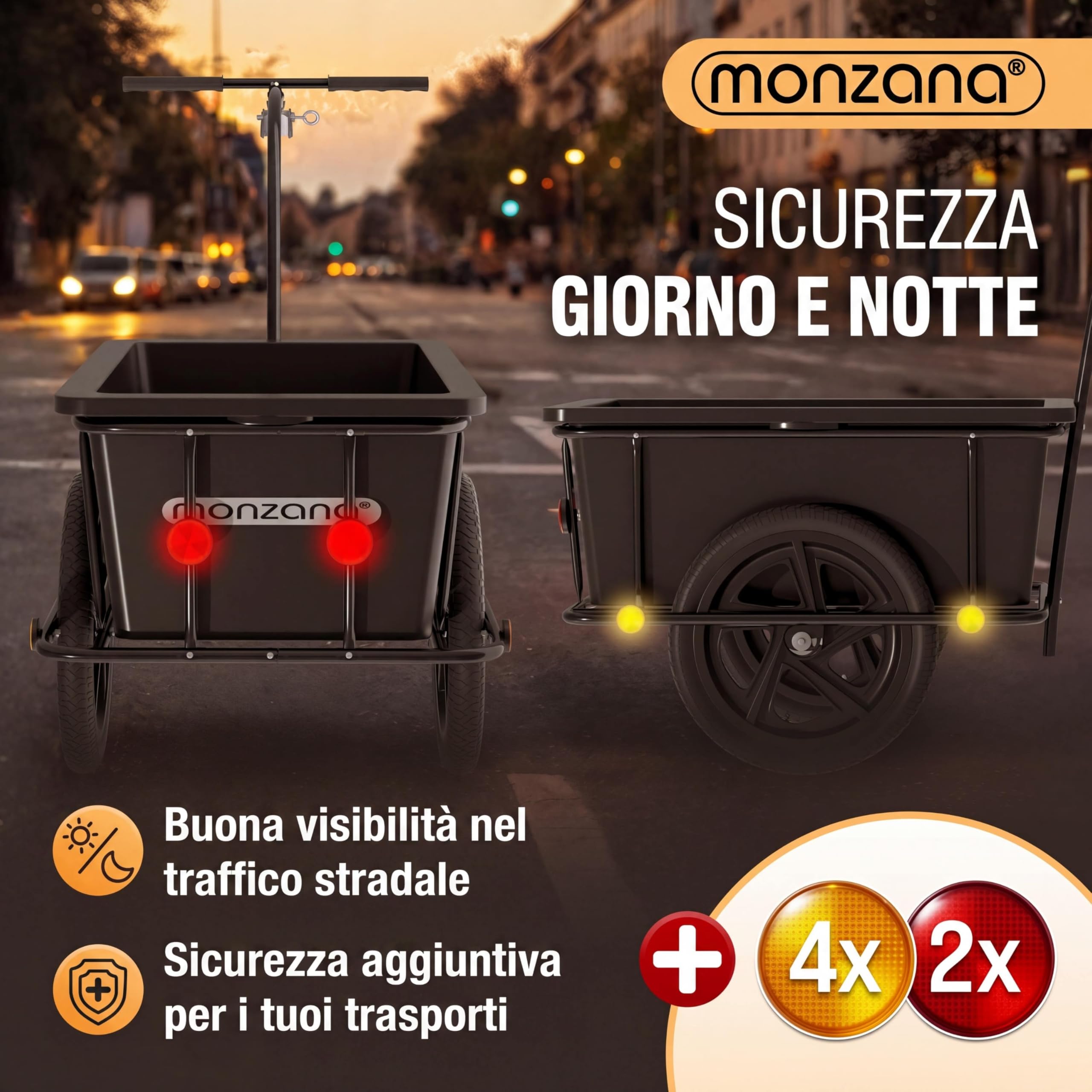 MONZANA® Rimorchio per Biciclette con Cassone in Plastica da 90L Gancio da Carico Carrello Trasporto Viaggi Bici Portaoggetti