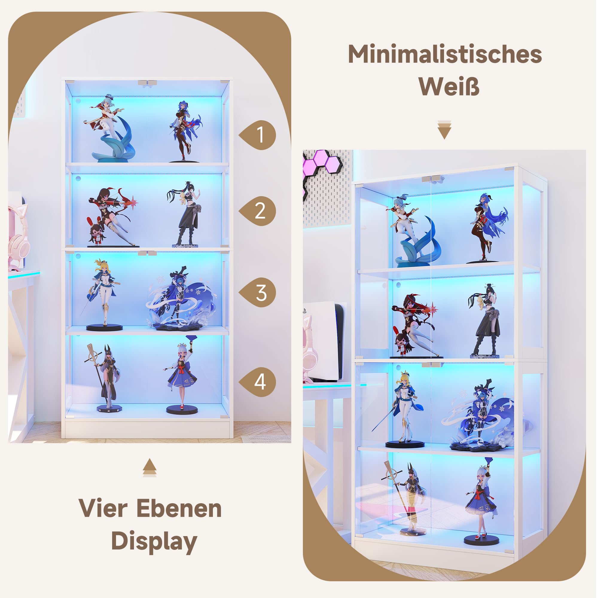 Soweiz Vitrina LED de cristal transparente, 4 niveles de almacenamiento, luz LED controlada por aplicación, puertas push to abiertas, vitrina para figuras y modelos (blanco, 80 x 35 x 170 cm)