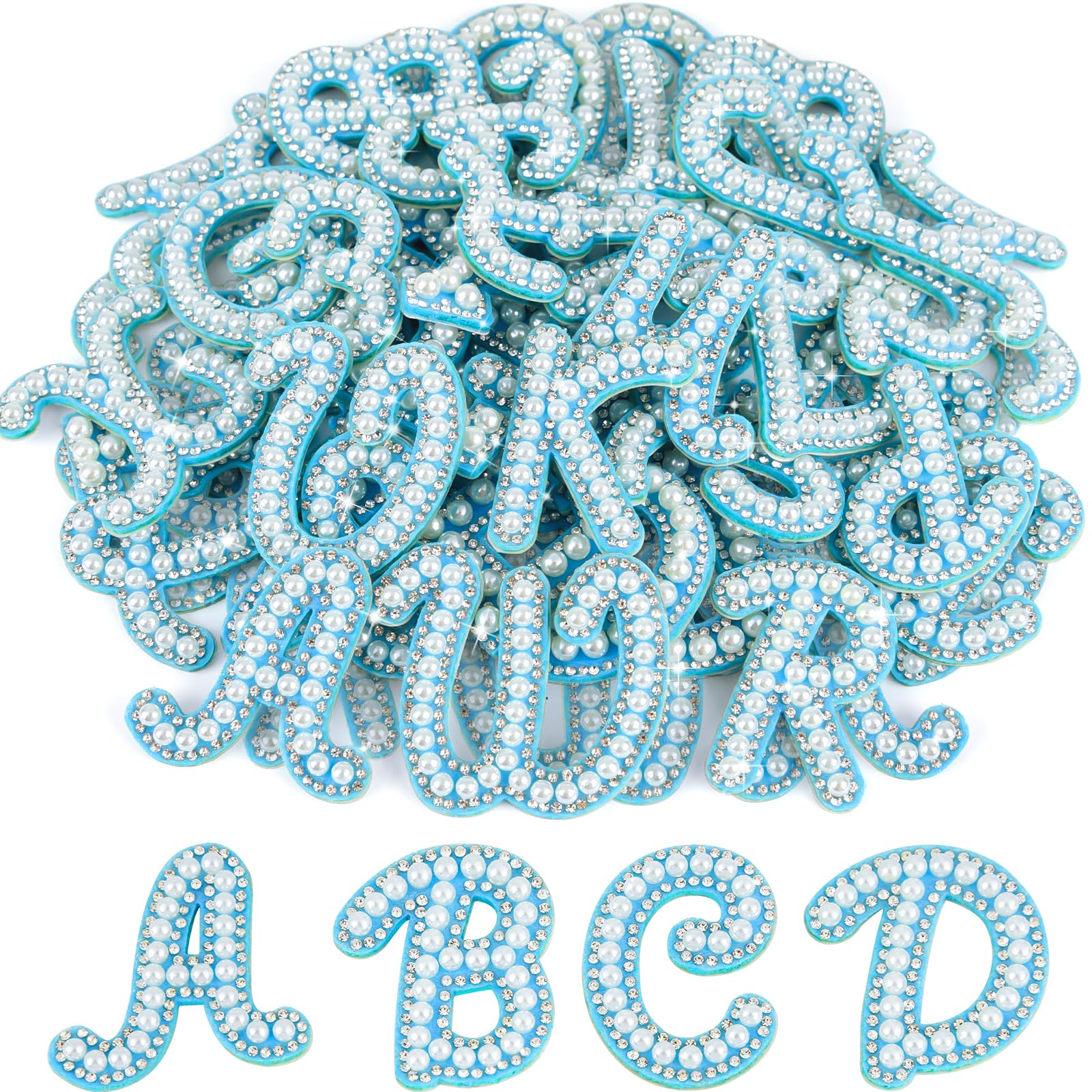ASTARON 52pcs Self Adhesive Letter Patches Pearl Rhinestone Letter Stickers, Glitter Rhinestones Letters A-Z Embroidered Applique Patches Alphabet Cloth Patch for Clothes, Bags, Hat, Phone Case, DIY