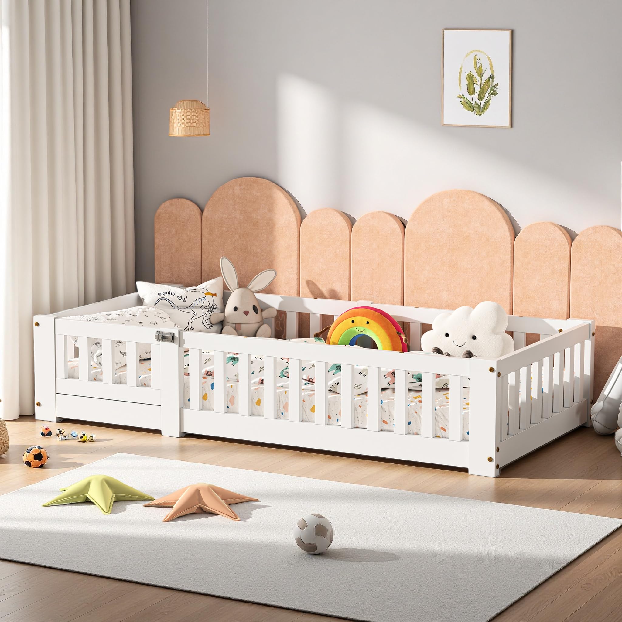Cama infantil de 90 x 200 cm, cama en el suelo infantil de madera natural con protección contra las caídas, camas Montessori con barrera de Securite, niño cama para niña y niño, somier de láminas, sin