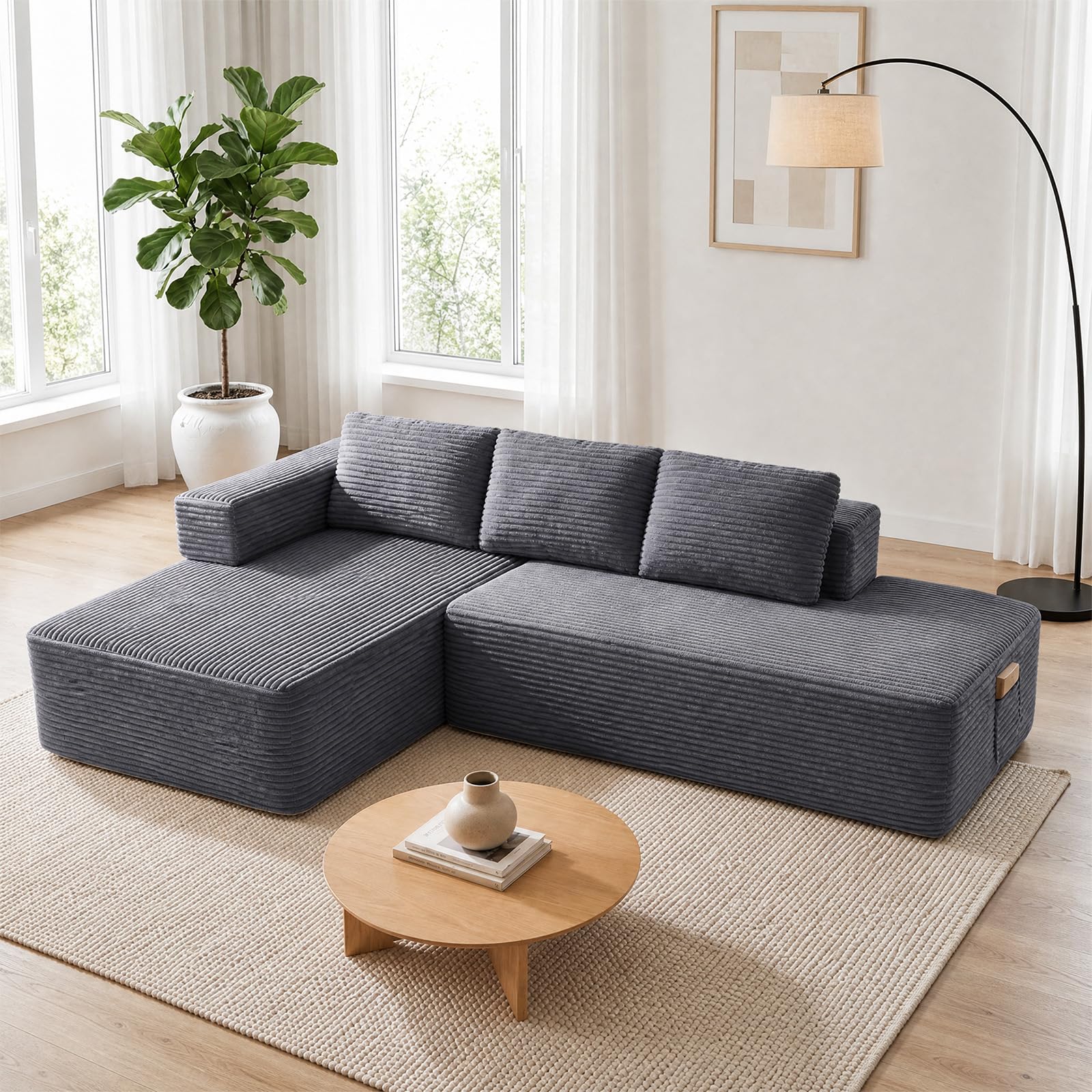 COMHOMA Divano angolare con funzione letto, 255 cm, in velluto a coste, modulare, con chaise longue e schienale in metallo, divano letto a forma di L con design aperto, cuscino e tasche laterali, per