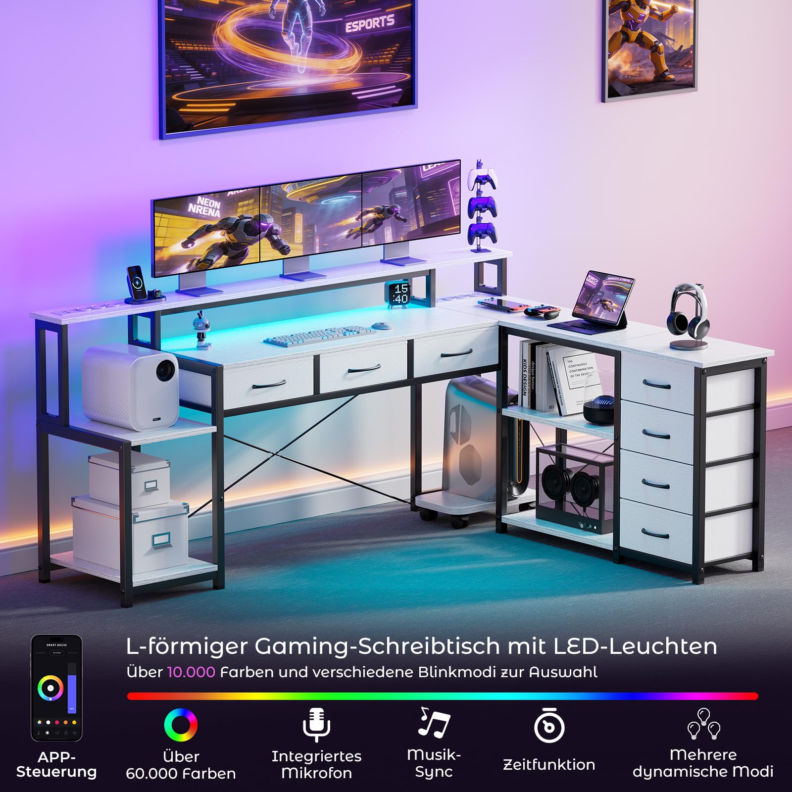 Schreibtisch L-Form 200 x 146 cm mit LED, Steckdose & Schubladen, Weiß
