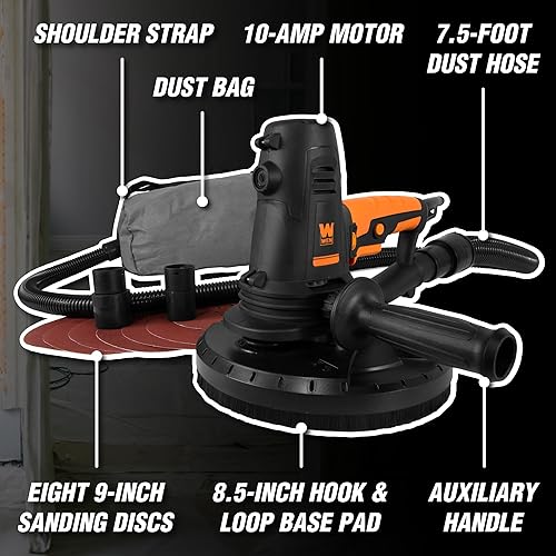 Miniatura 4 de WEN DW1085 Lijadora manual de paneles de yeso de velocidad variable de 10 amperios con manguera para polvo y bolsa de recolección, color negro y