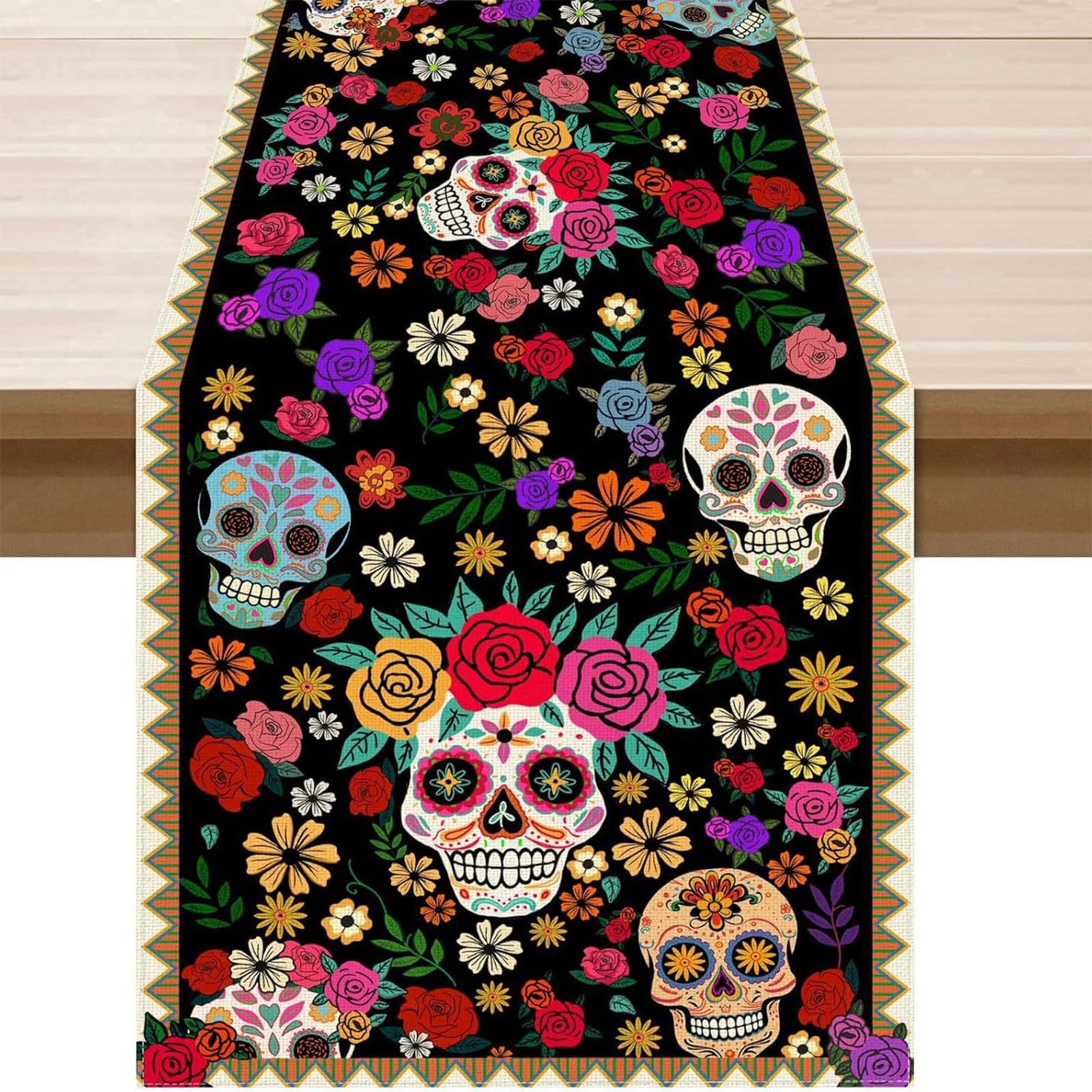 Rose Sugar Skull Day of the Dead Table Runner Table Decorations,83x183 cm