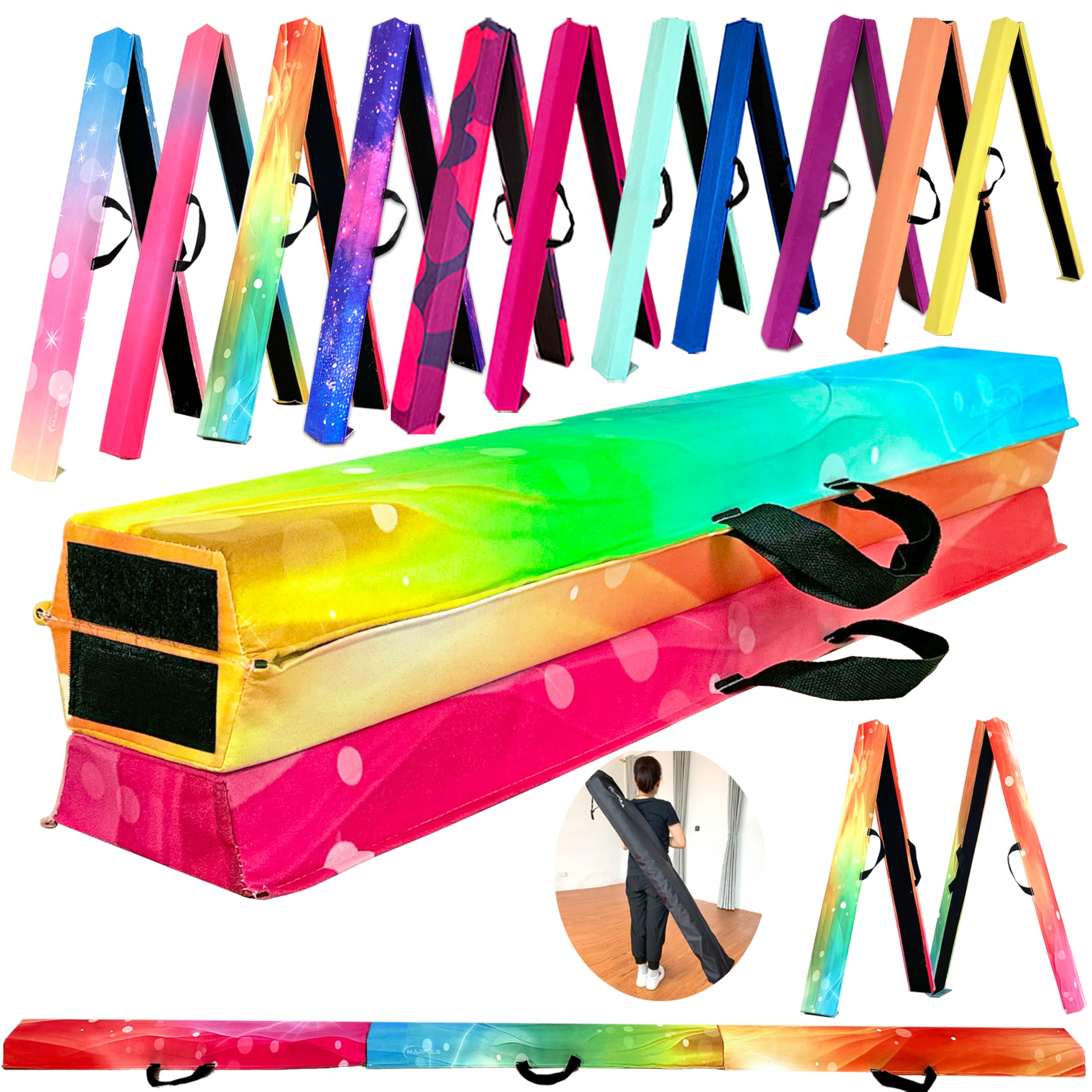 MARFULA 6 FT / 8 FT / 9 FT Folding Gymnastics Beam Foam Balance Floor Beam - Extra Firm - Suede Cover - Anti Slip Bottom with Carry Bag for Kids/Adults Home Use