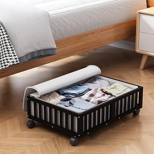 Under Bed Storage Containers with Wheels, 2 Pack Bamboo Under the Bed Shoe Storage Bins, Wood Rolling Underbed Drawers Organizer for Bedroom, Closet Clothes Blanket Comforter Under Crib Toy Walunt