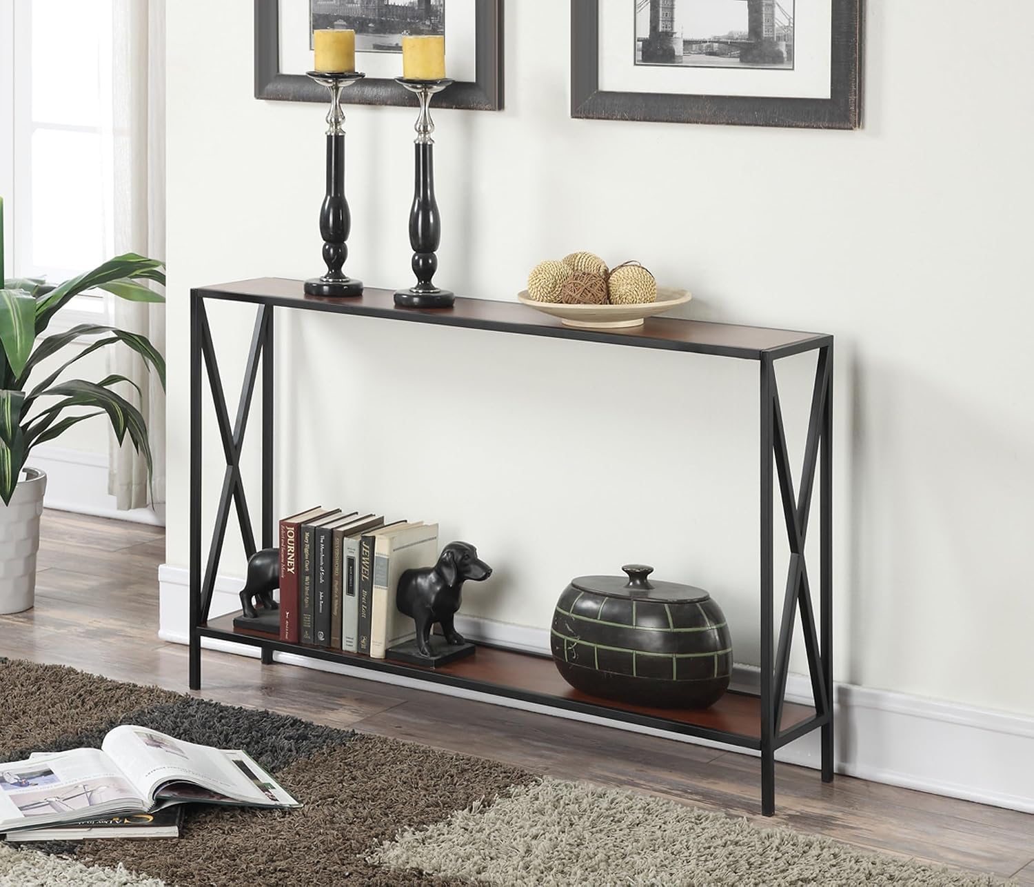 Pemberly Row Industrial Console Table, Black Metal and Cherry Wood Finish, 29" H x 9" W x 47.25" D, Bottom Shelf for Storage, Cross Frame Design, Living Room or Entryway Furniture