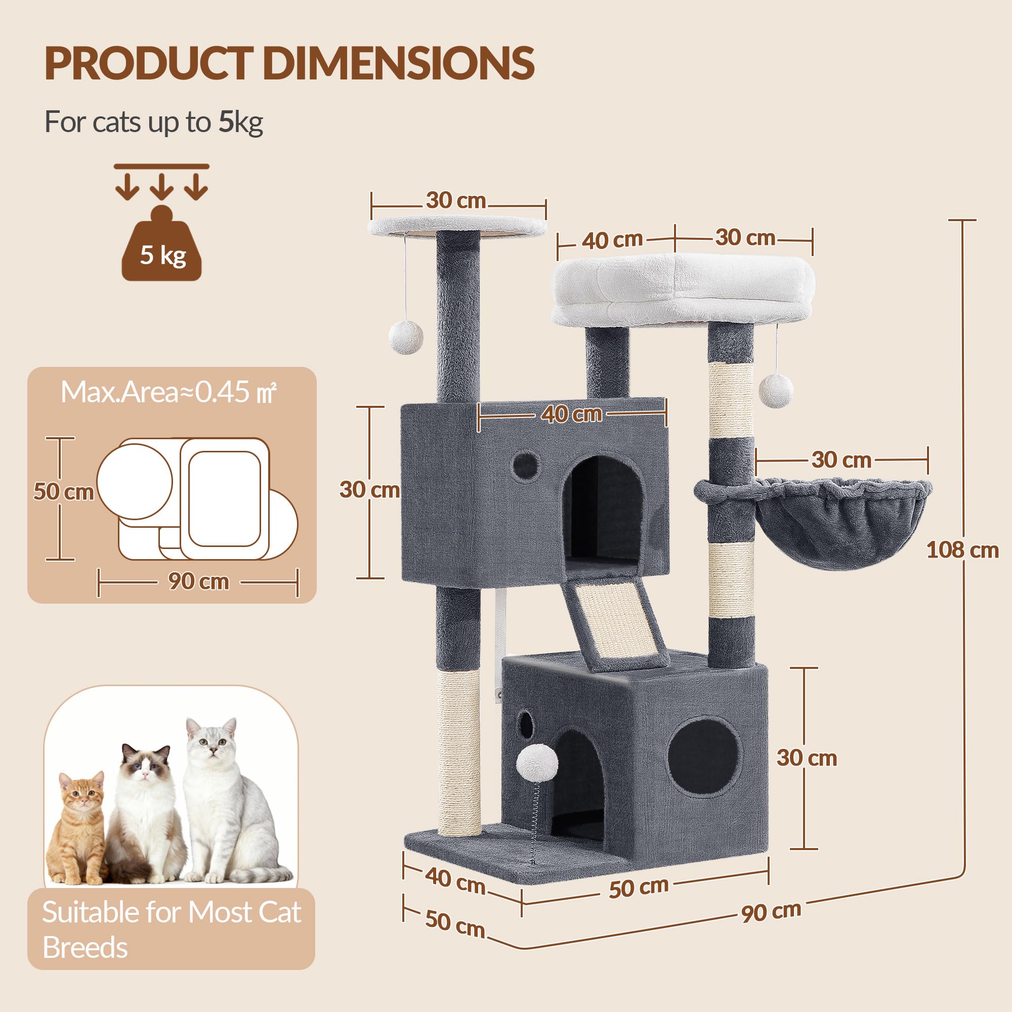 Kratzbaum für Indoor-Katzen, mehrstufiger Kletterturm mit Höhlen, Hängematte, Kratzbäume, interaktives Spielzeug, abnehmbares Kissen, 108 cm Höhe, Hellgrau