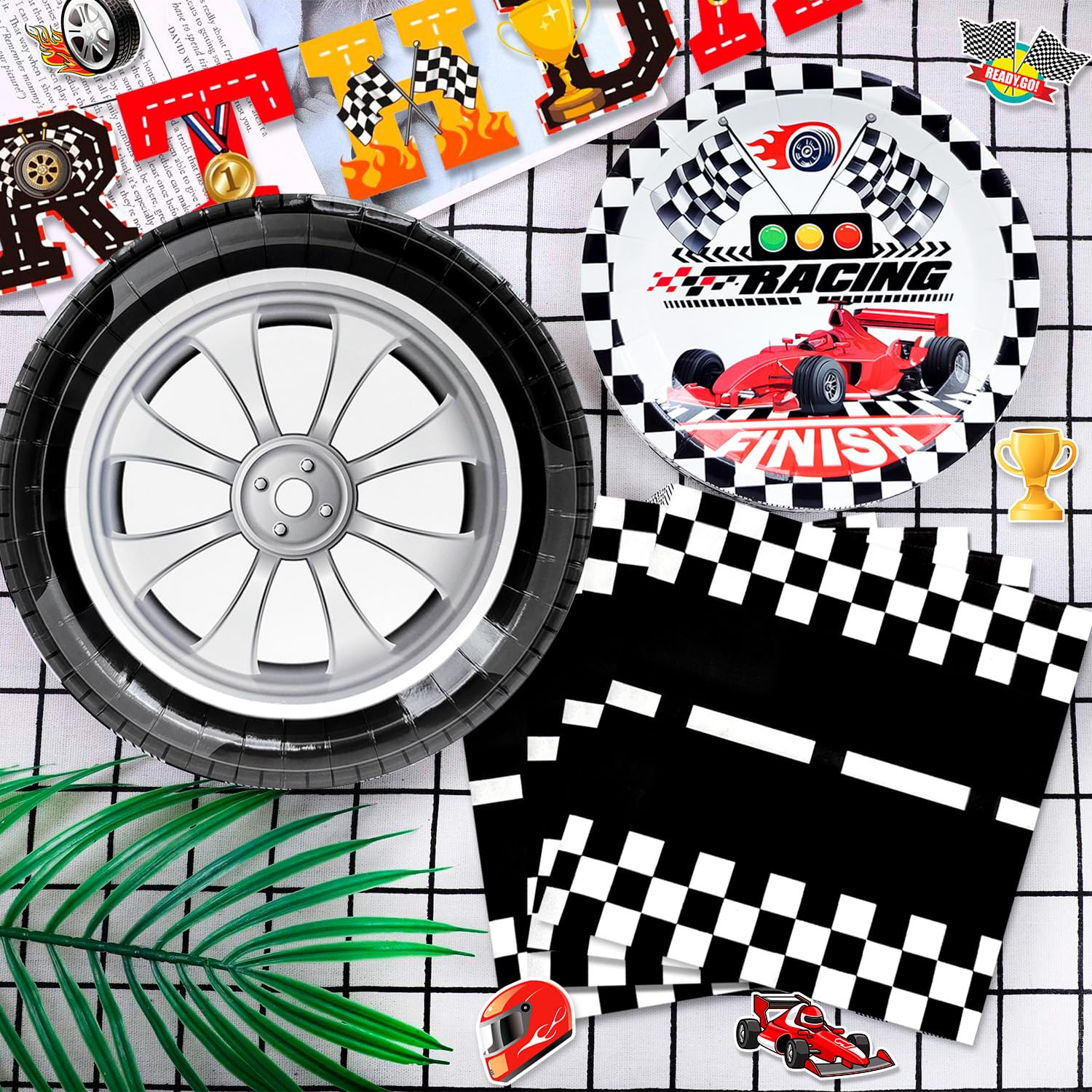 70Pcs Vaisselle Anniversaire Thème Cars Voiture Course - Pack 10 Personnes Avec Nappe, Assiettes, Gobelets & Serviettes