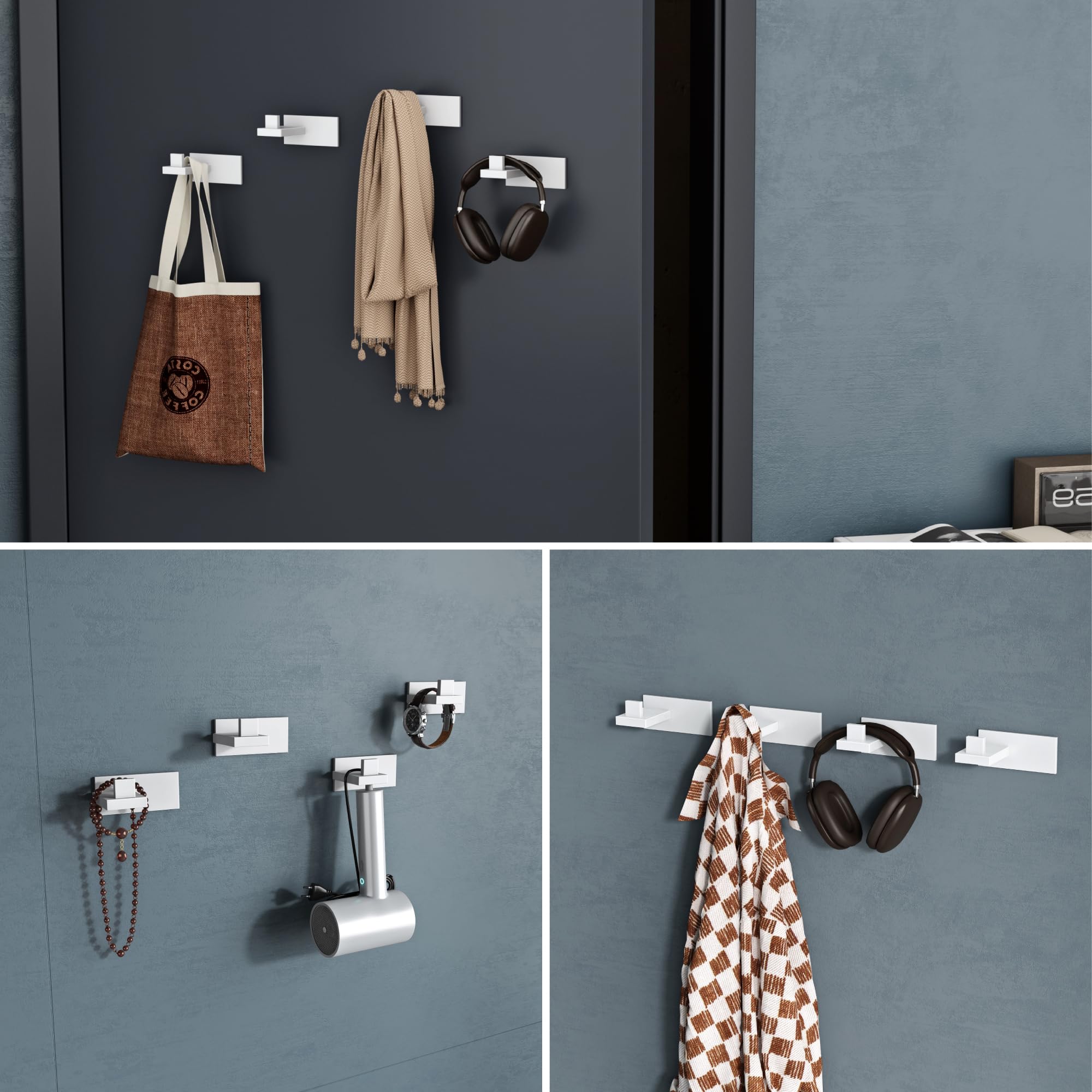 doporro Gancho de Pared Simple de Acero Inoxidable 304, Antióxido y Antideslizante, Instalación sin Taladros o con Tornillos, Blanco Mate, 6 Unidades, Stalo-06