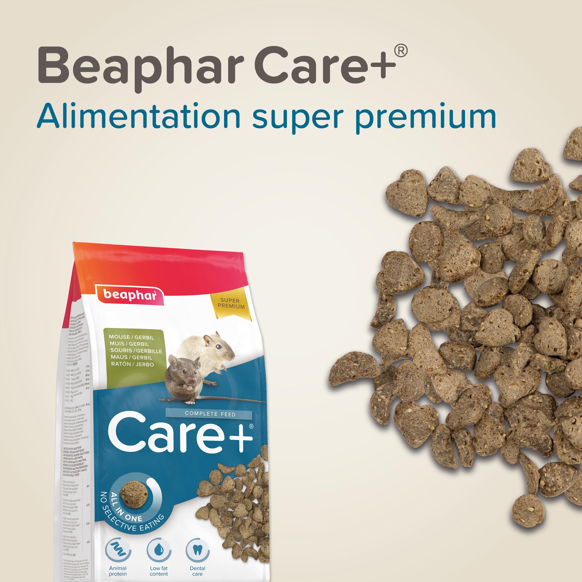 BEAPHAR – Care+® – Alimentation Super Prenium extrudée pour Gerbille et Souris – Aux proteines animales – Haute digestibilité – Participe à l’Usure Naturelle de Dents – Granulés Tout-en-Un – 500g