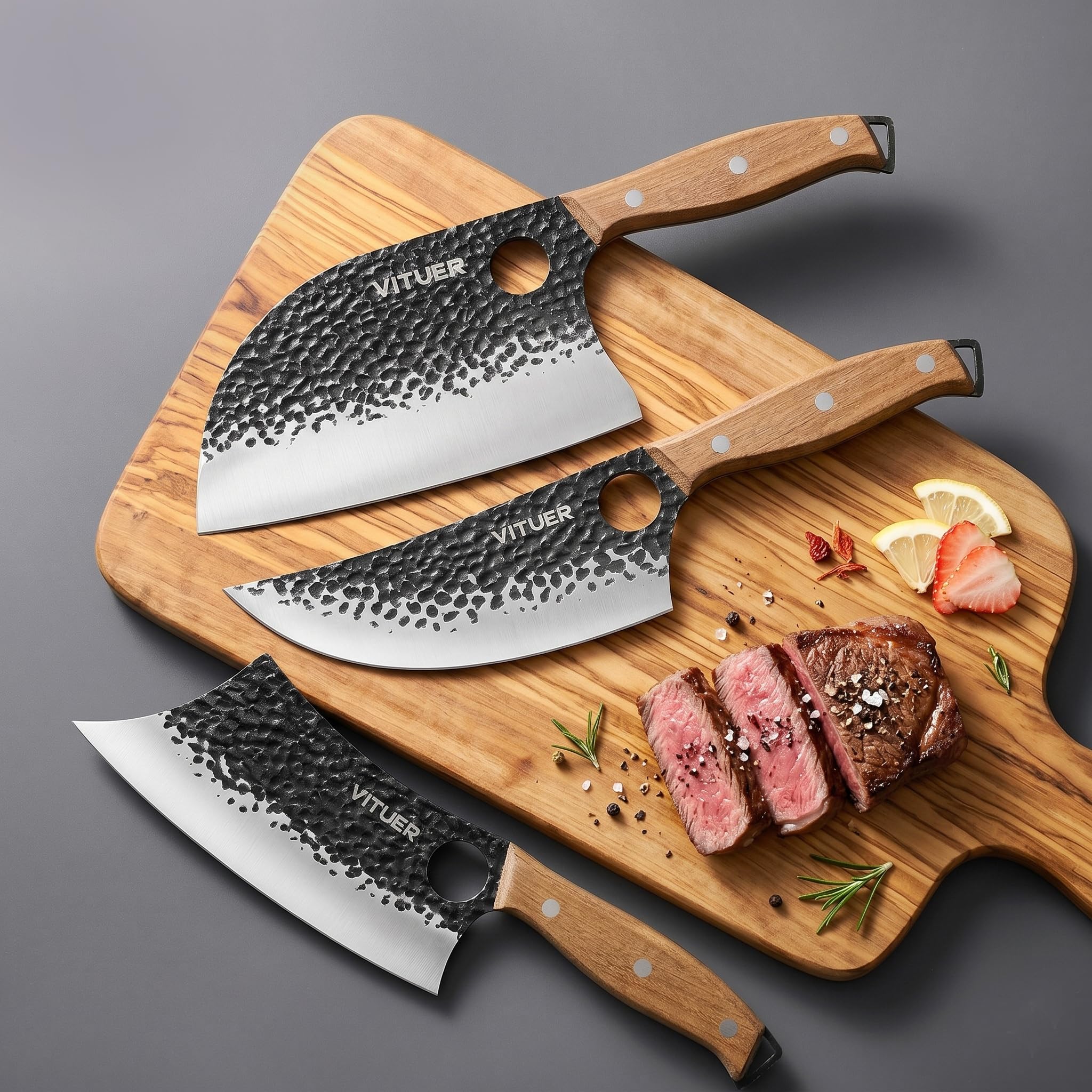 3PCS Butcher Knife Set, Hand Forged 7" Butcher Meat Cleaver, 7" Serbian Chef and 6.5" Viking Knife, Great for Indoor & Outdoor (Stylish Pattern Design) — Amazon image 8