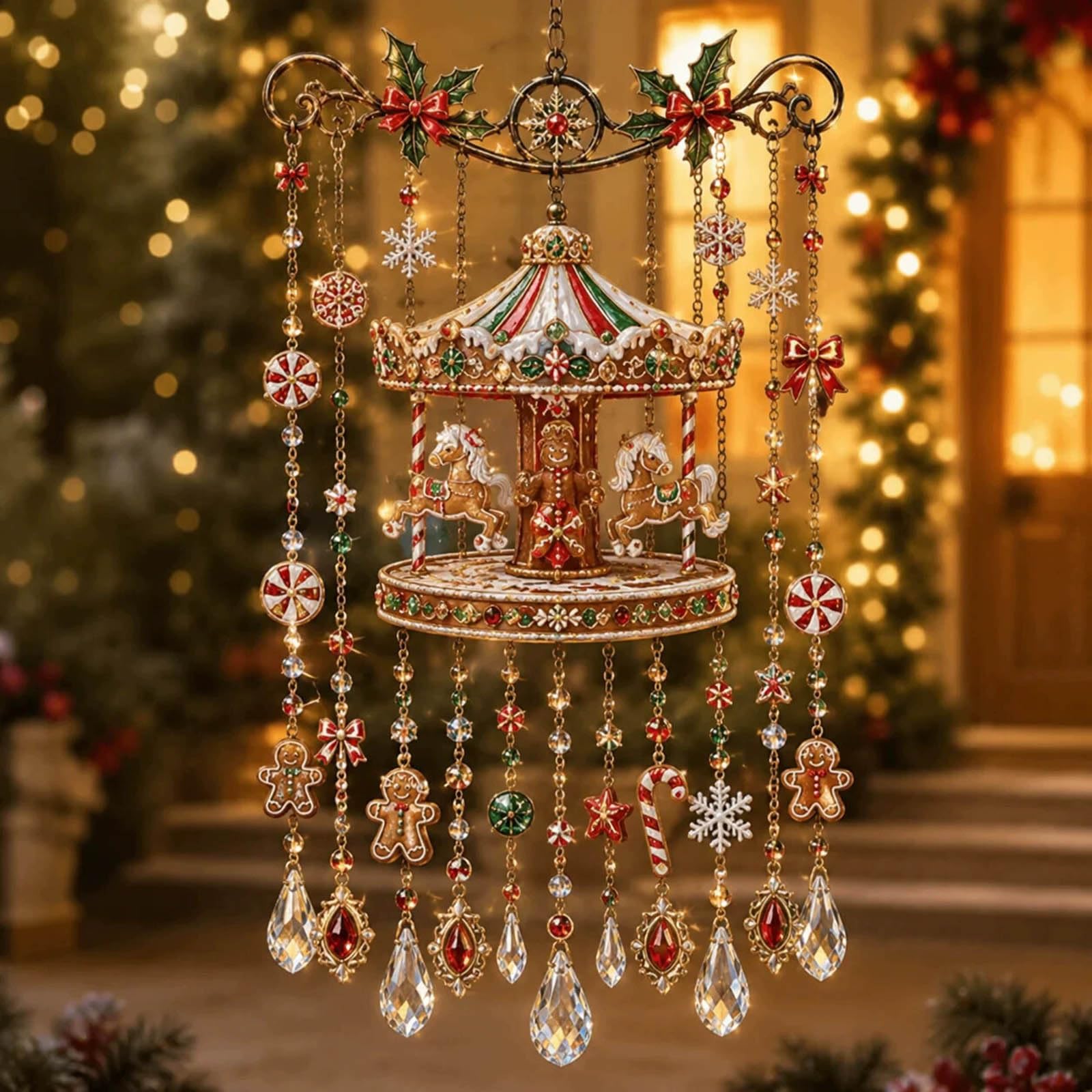 Handmade Christmas Stained Window Hanging, 3D Sparkling Christmas Stained Style Wind Chime with Crystal Drops, Santa Reindeer Festive Holiday Window Hanging Ornament Decor (# N, 30cm)