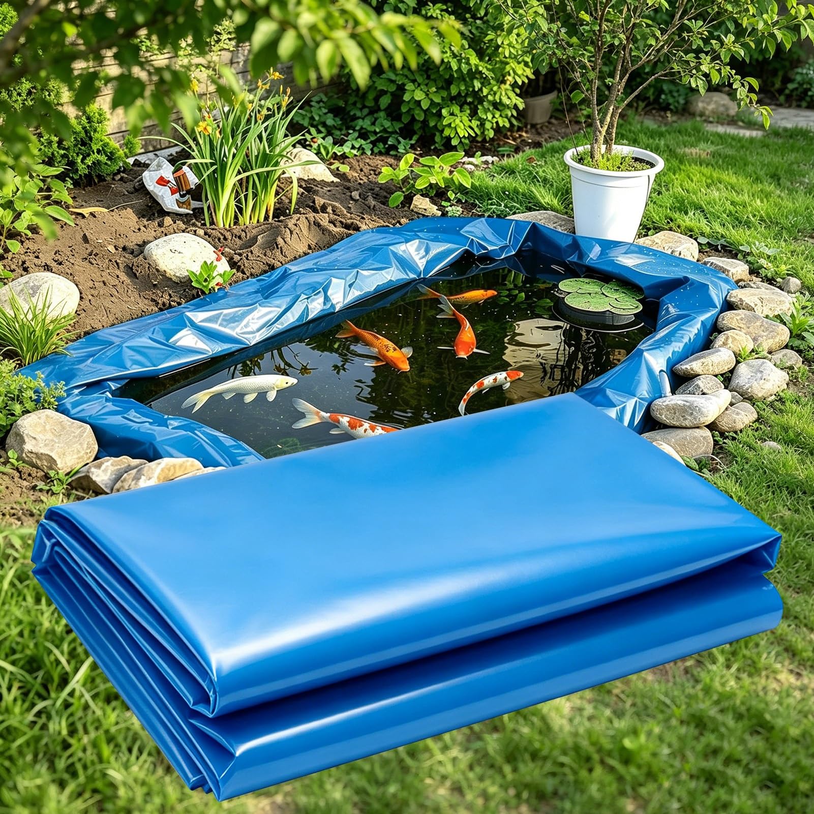 Hamankim Flexible Waterproof HDPE Pond Liner 5x5m 6x6m 7x8m 7x12m 10x15m Durable Sealing Film for Outdoor Koi Ponds Waterfalls Streams Irrigation Ponds - Easy Cutting(4x12m(13.1x39.3ft))