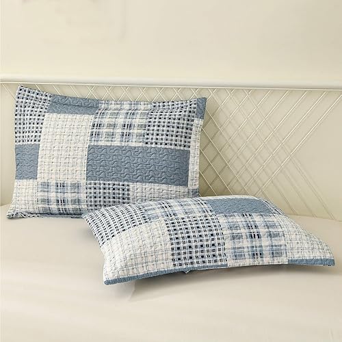 Miniatura 4 de Green Essen Juego de ropa de cama a cuadros de color azul, blanco y gris, tamaño King, juego de edredón ligero de retazos clásico, colcha de cuadros