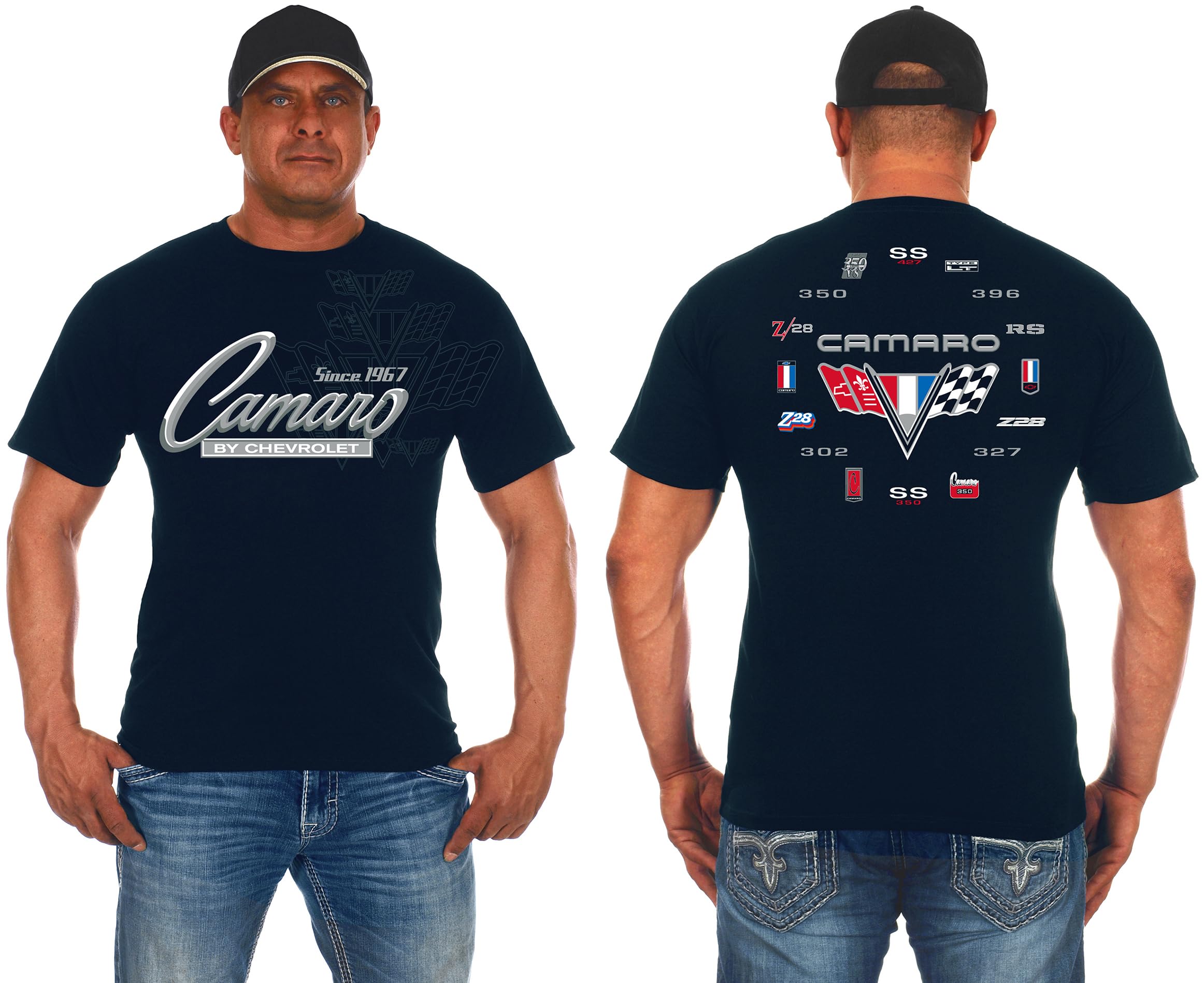 JH Design Men's Chevy Camaro Collage T-Shirt Short Sleeve Black Crew Neck Shirt, Navy, XXL