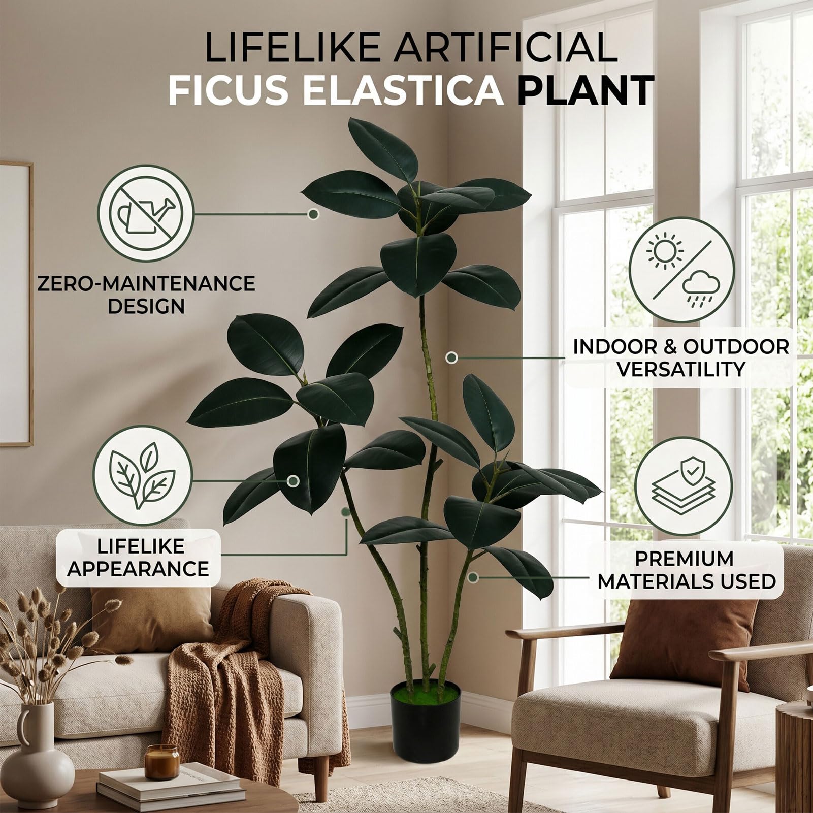 Asixxsix Arbre à Caoutchouc Artificiel avec 3 Têtes et 21 Feuilles Brillantes (130 cm)