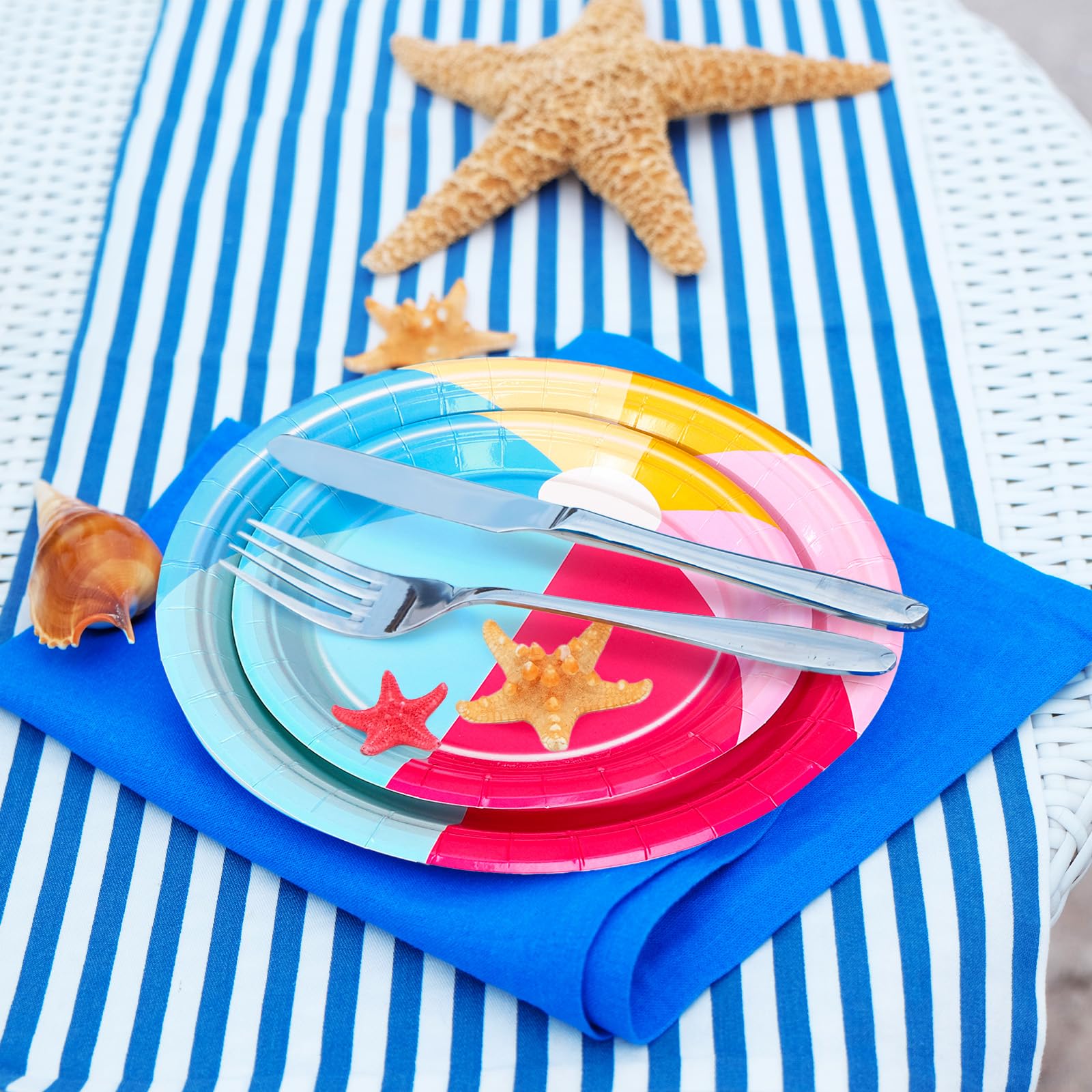 FYSUIMU 48 platos de papel de bola de playa de verano, platos desechables de bola de piscina, platos desechables de 7 y 9 pulgadas, vajilla de fiesta para cumpleaños, vacaciones, picnic, barbacoa