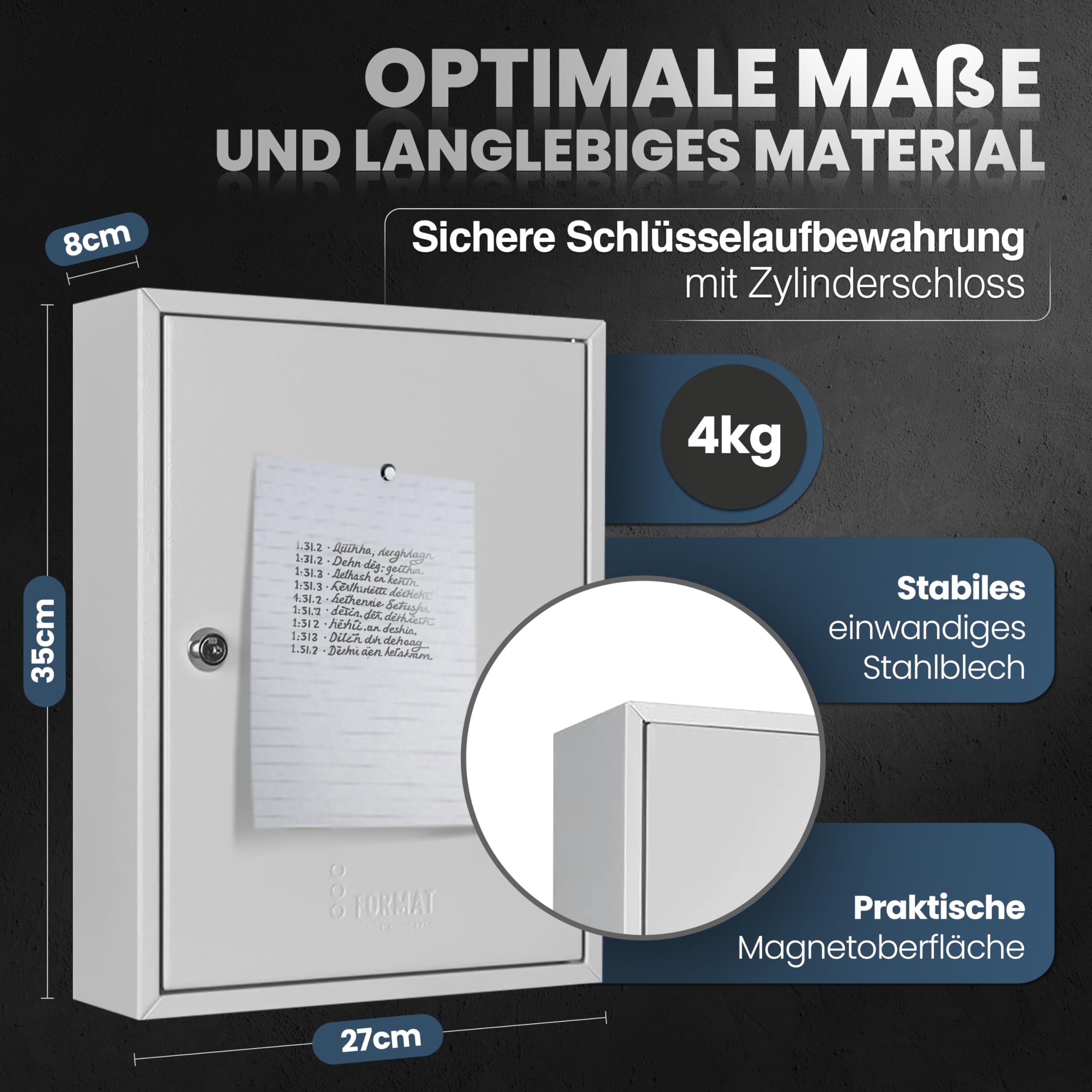 Schlüsselkasten SD42 – Schlüsselschrank mit 42 Haken, robuste Schlüsselbox aus Stahl, abschließbarer Safe, magnetische Außenseite, höhenverstellbare Leisten, Wandmontage (35x27x8cm)