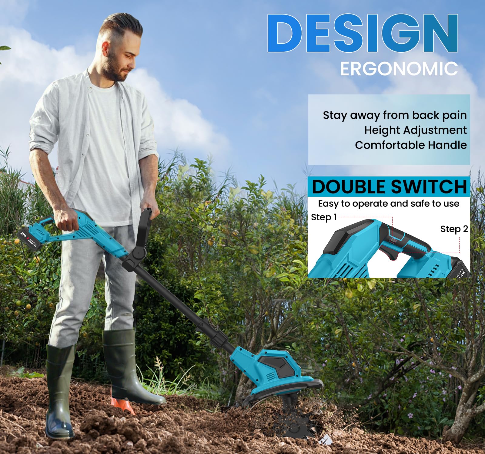 Motobineuse Electrique 21V, Motoculteur sans Fil 600 W avec 2 x 4,0 Ah Batteries, Largeur de Travail 17 cm, Profondeur de Travail 24 cm, 360 TR/Min, Motobineuse Électrique pour Le Jardin et la Cour
