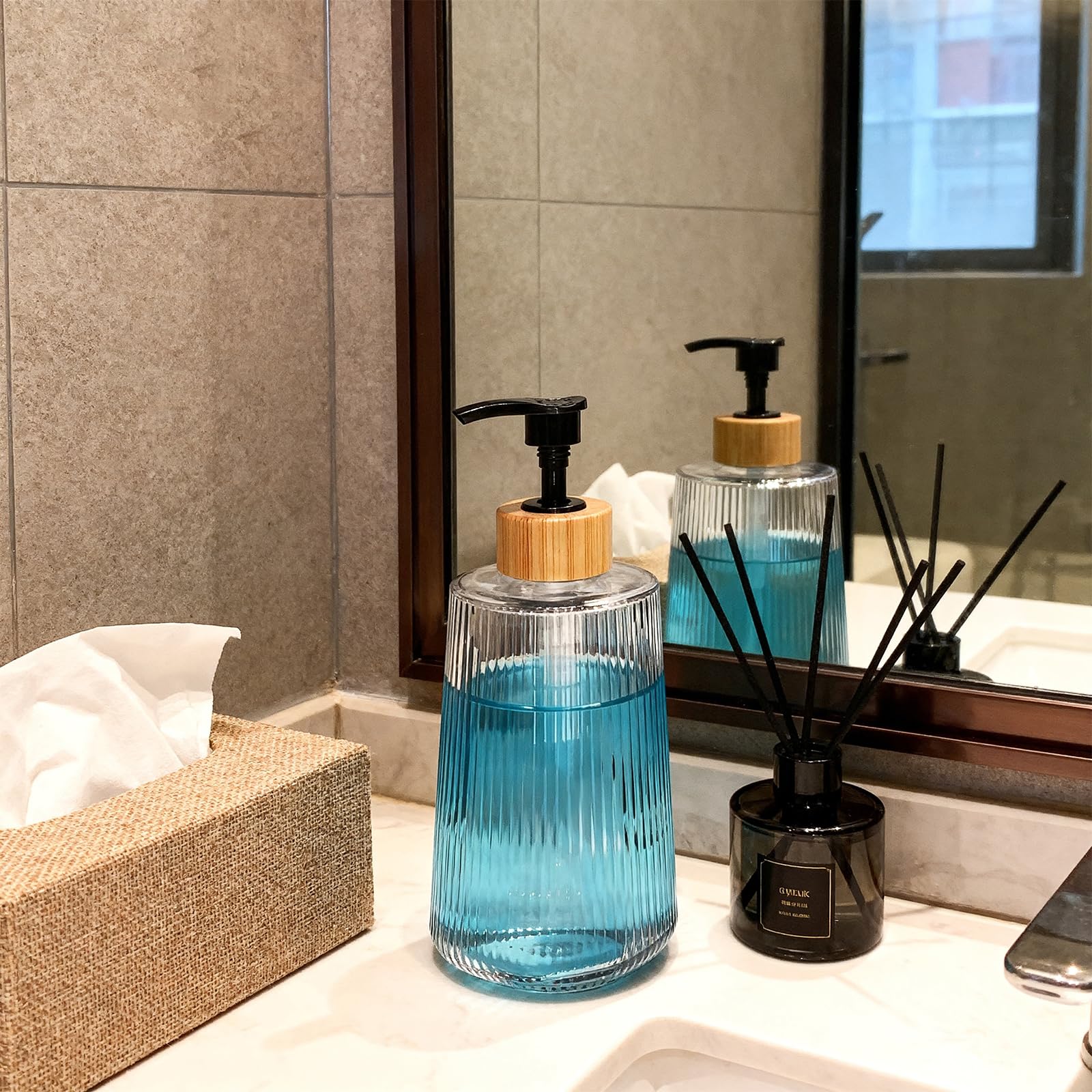 Dispenser di sapone in vetro, dispenser di sapone per le mani in vetro ispessito per bagno, cucina, bottiglie di liquido per lavare i piatti, bottiglie di shampoo e balsamo, stile moderno in stile