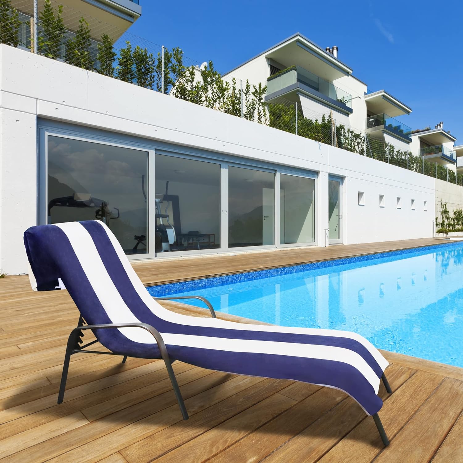 Superior Classic Lounge Chair Cover Towel, Premium Cotton Oversized Slip Indoor/Outdoor Cabana Stripe Cushion Accent, for Patio Chaise Seat Lounge Chair Cover, 32" x 102", Blue