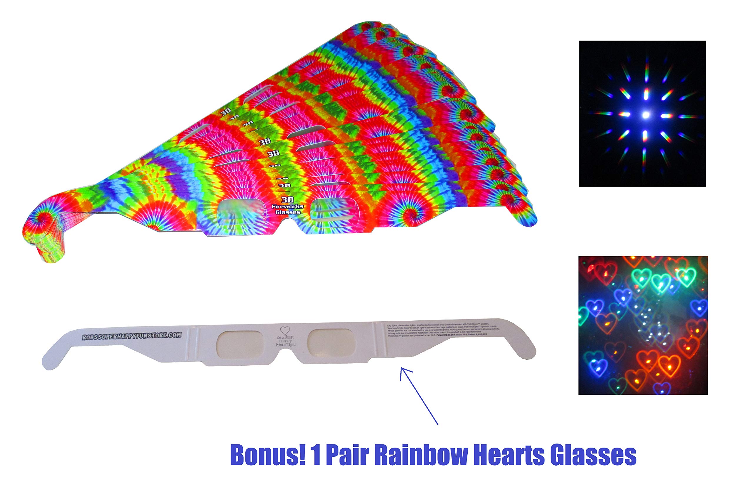 Rob's Super Happy Fun Store Fireworks Diffraction Glasses - 50 Trippy Tie-Dye Frames + 1 Exclusive Bonus Pair (Plain White Frames) - Foldable Paper/Cardboard Frames - 51 Glasses Total