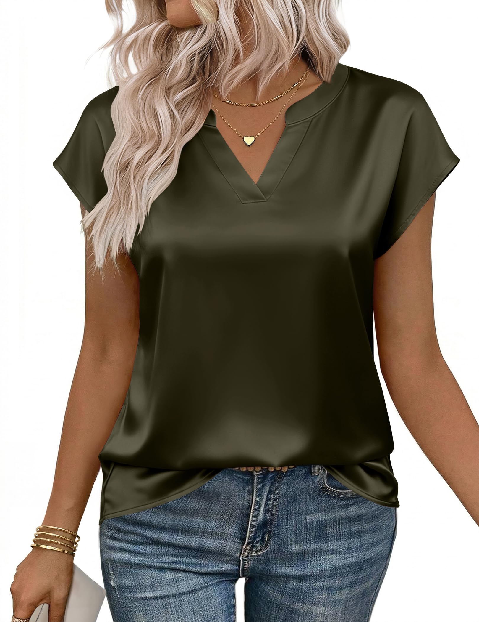 Zeagoo Women Tops Silk Satin Blouses V Neck Summer Shirts Cap Sleeve Business Casual Dressy Spring Clothing — view 8