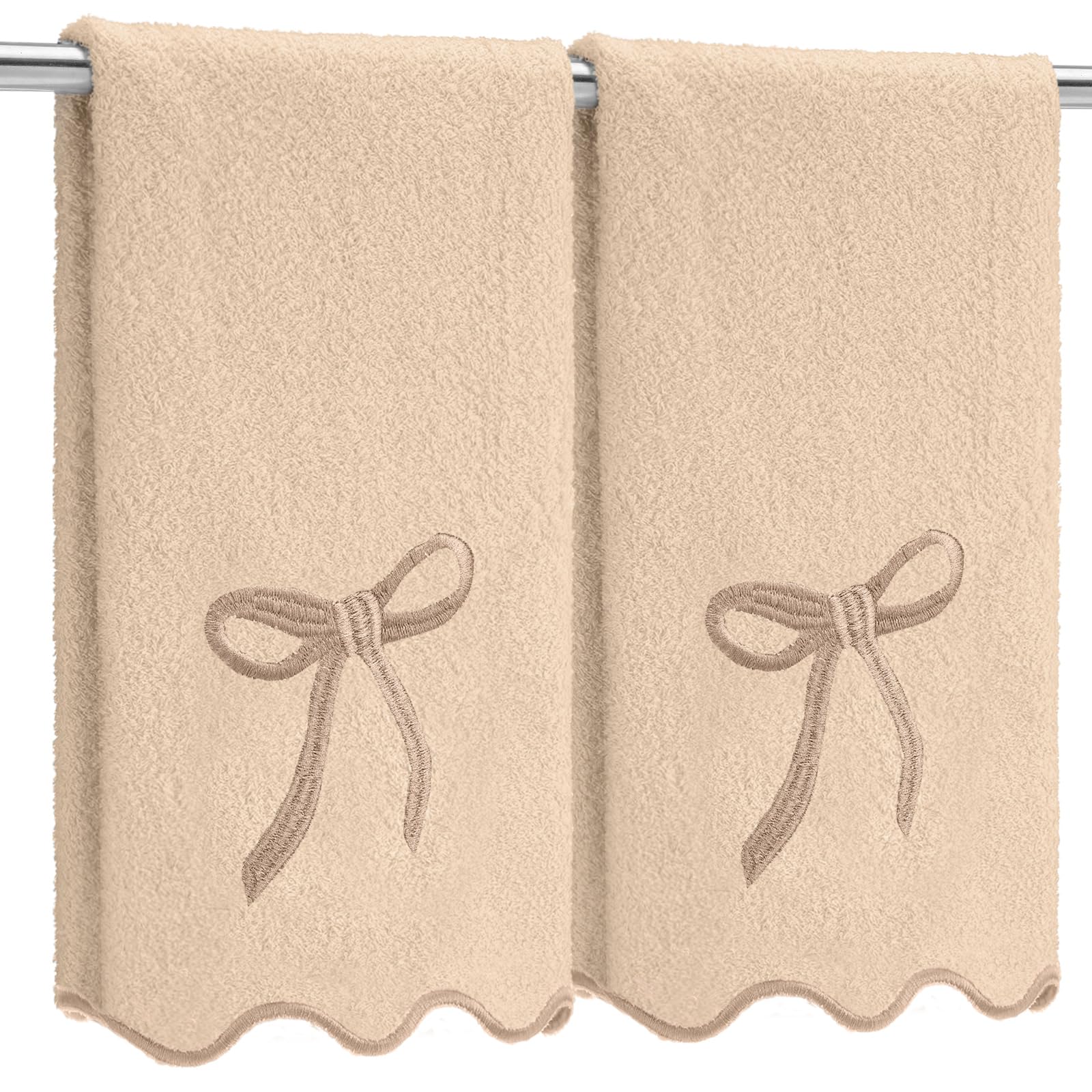2 Pcs Scalloped Hand Towels for Bathroom 26 X13 Embroidery Coquette Bow Hand Towels 100% Cotton Soft Absorbent Boho Bath Decor for Kitchen Bathroom(Brown)