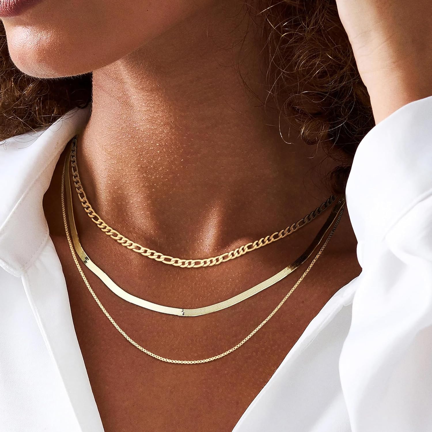 Layered Gold/Silver Necklace for Women,14K Gold/Silver Plated Herringbone Necklace Choker Multilayer Snake Paperclip Cuba Figaro Box Chain Accessories Set Non Tarnish Jewelry Gift for Women - Image 3